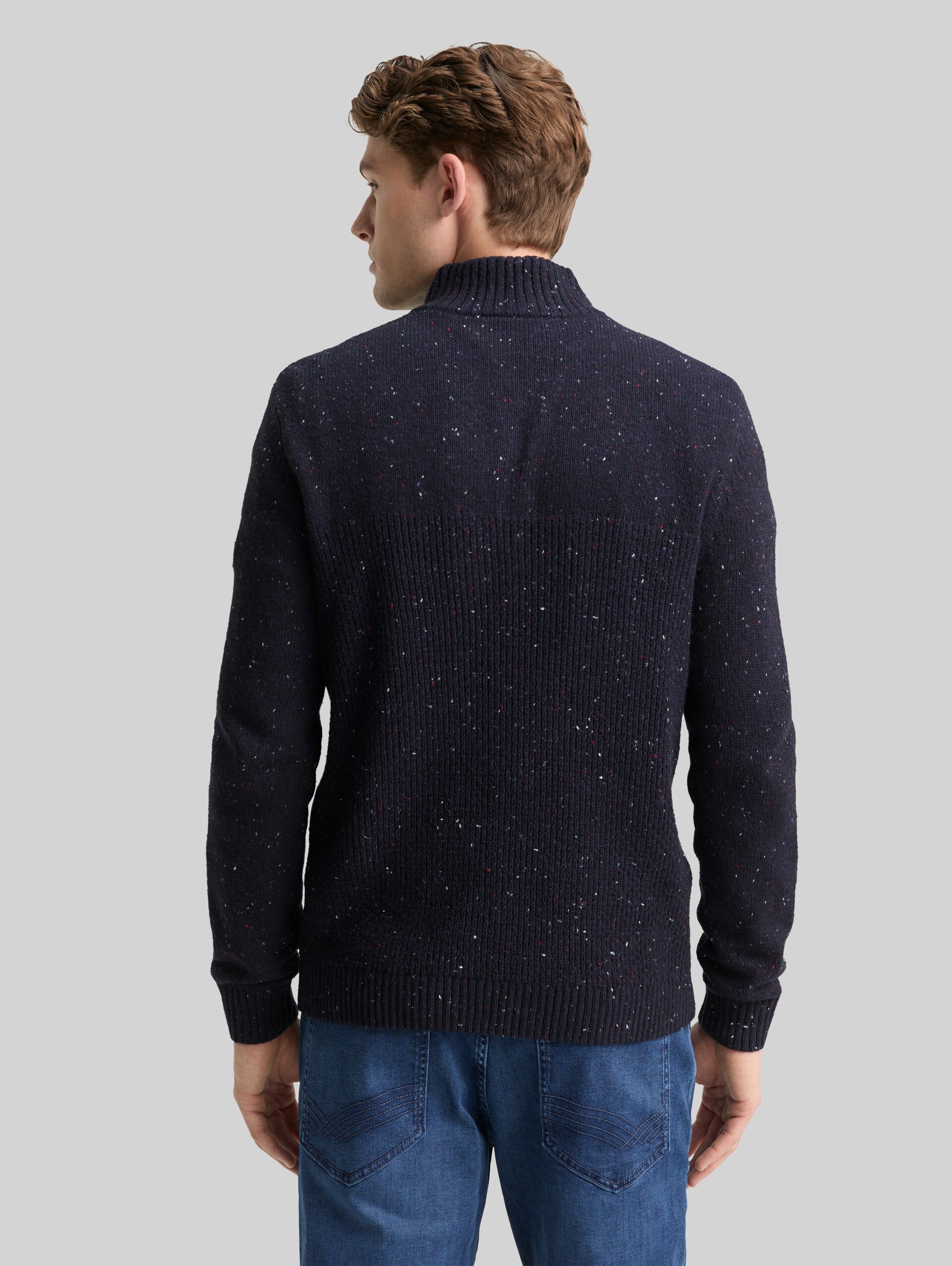Troyer knitted jumper with mixed textures - navy melange multi neps