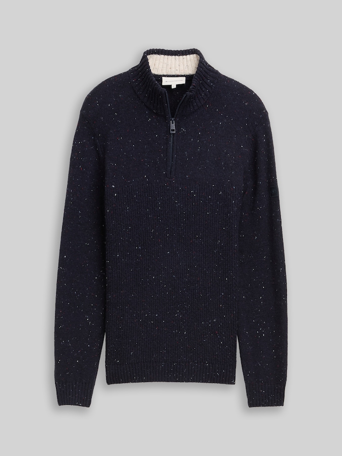 Troyer knitted jumper with mixed textures by Men, navy melange multi neps