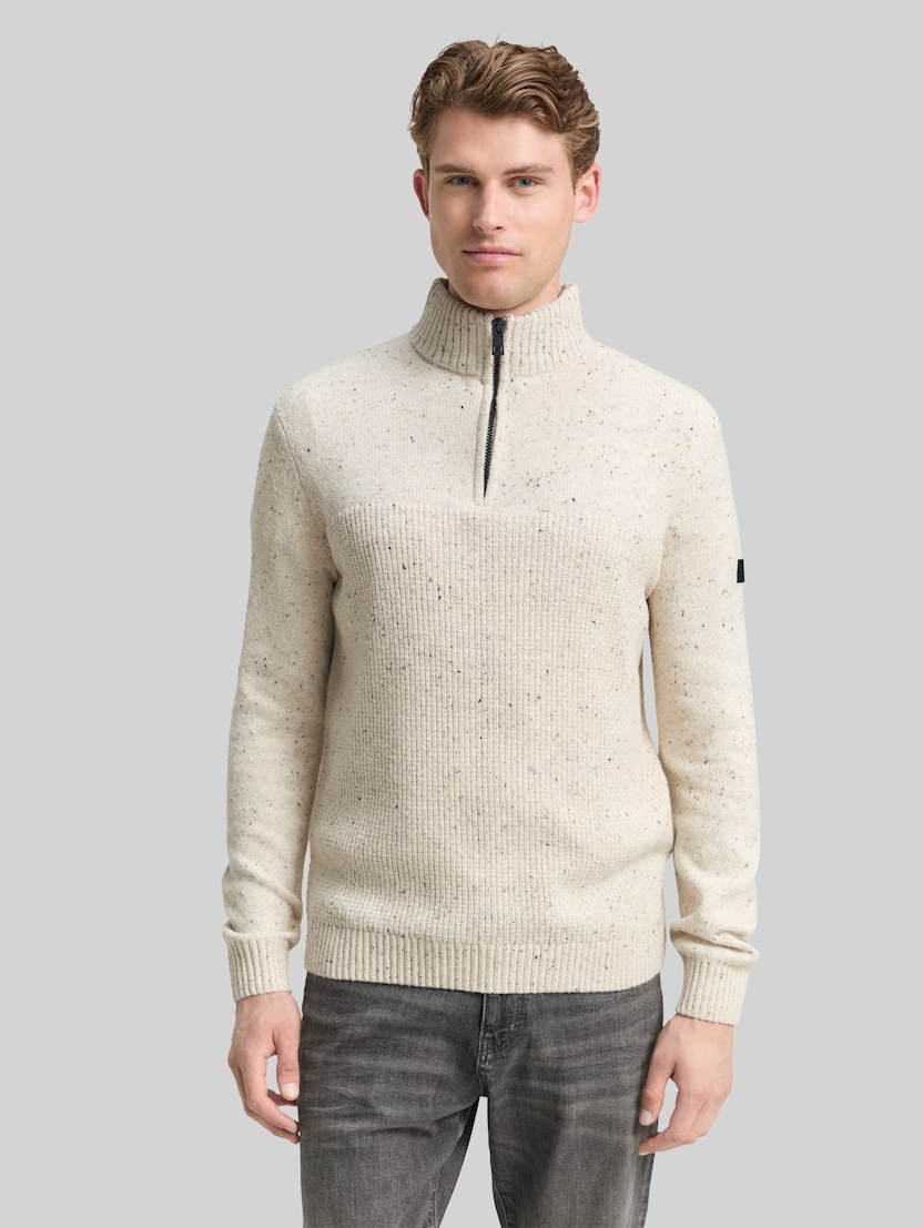 Troyer gebreide trui met mix van structuren door Men, offwhite melange multi neps