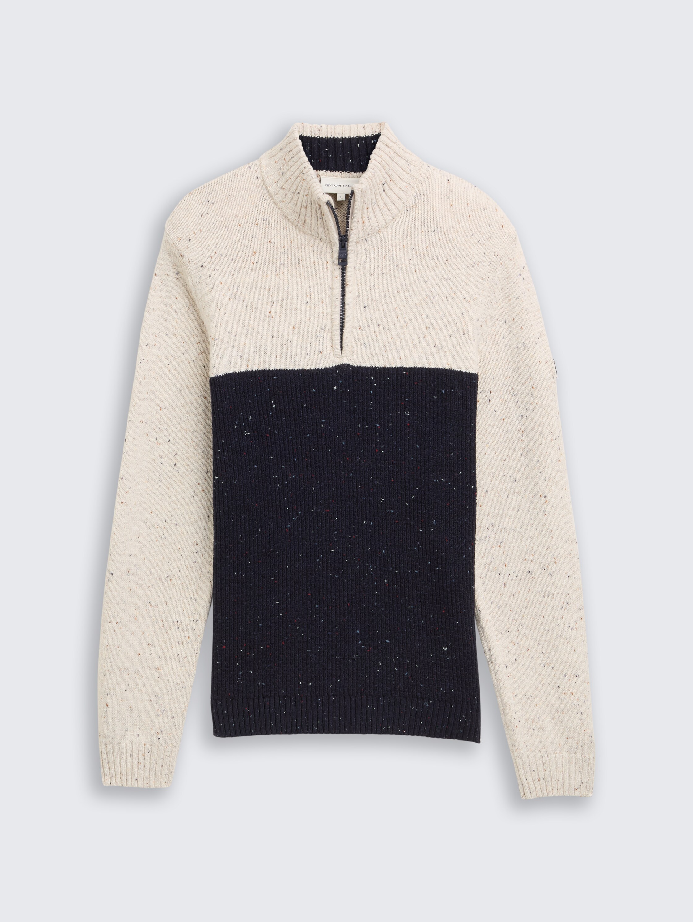 Troyer knitted jumper with mixed textures - offwhite navy color block