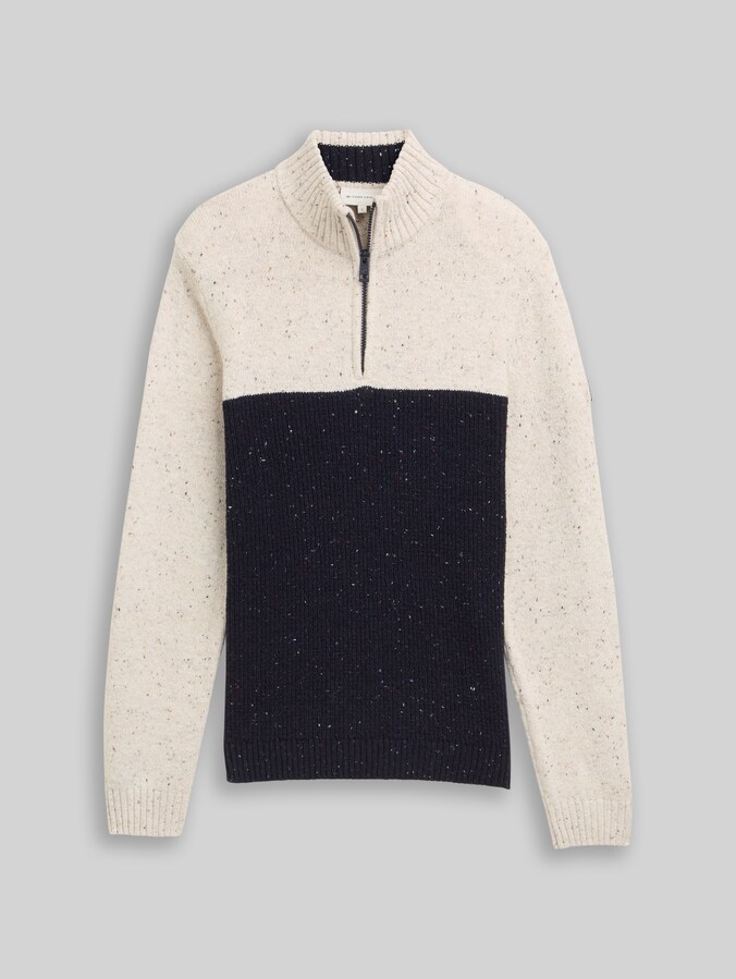 Troyer gebreide trui met mix van structuren door Men, offwhite navy color block