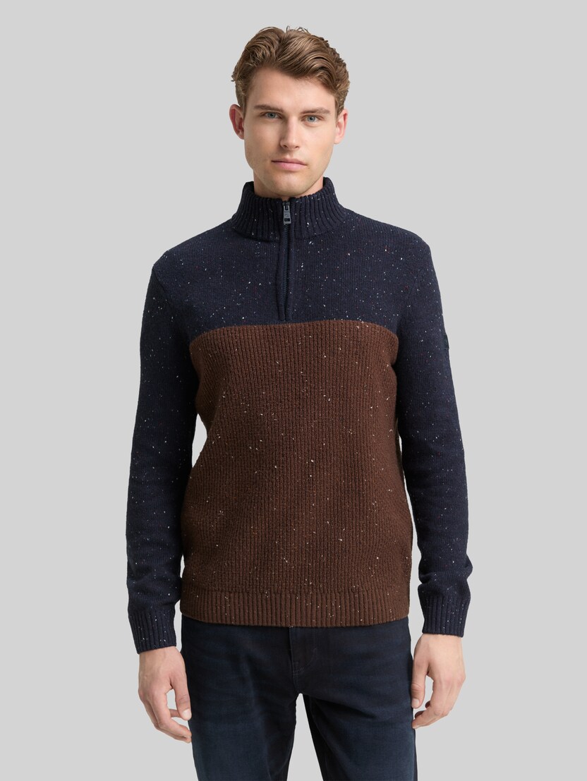 Troyer gebreide trui met mix van structuren door Men, navy brown color block