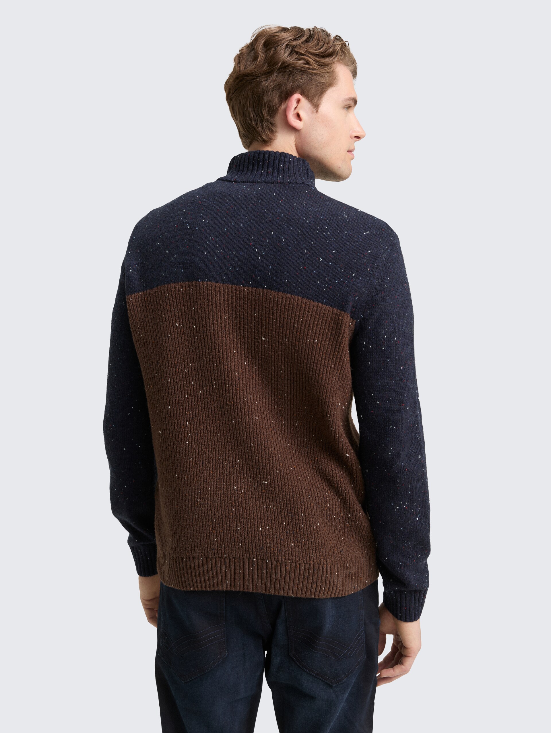 Troyer Strickpullover mit Strukturmix - navy brown color block