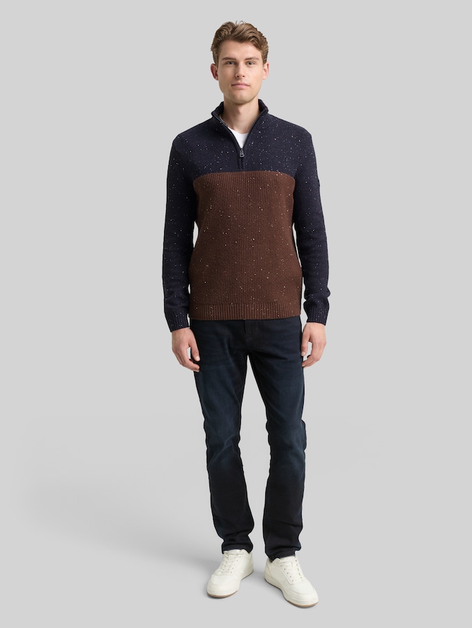 Troyer knitted jumper with mixed textures by Men, navy brown color block