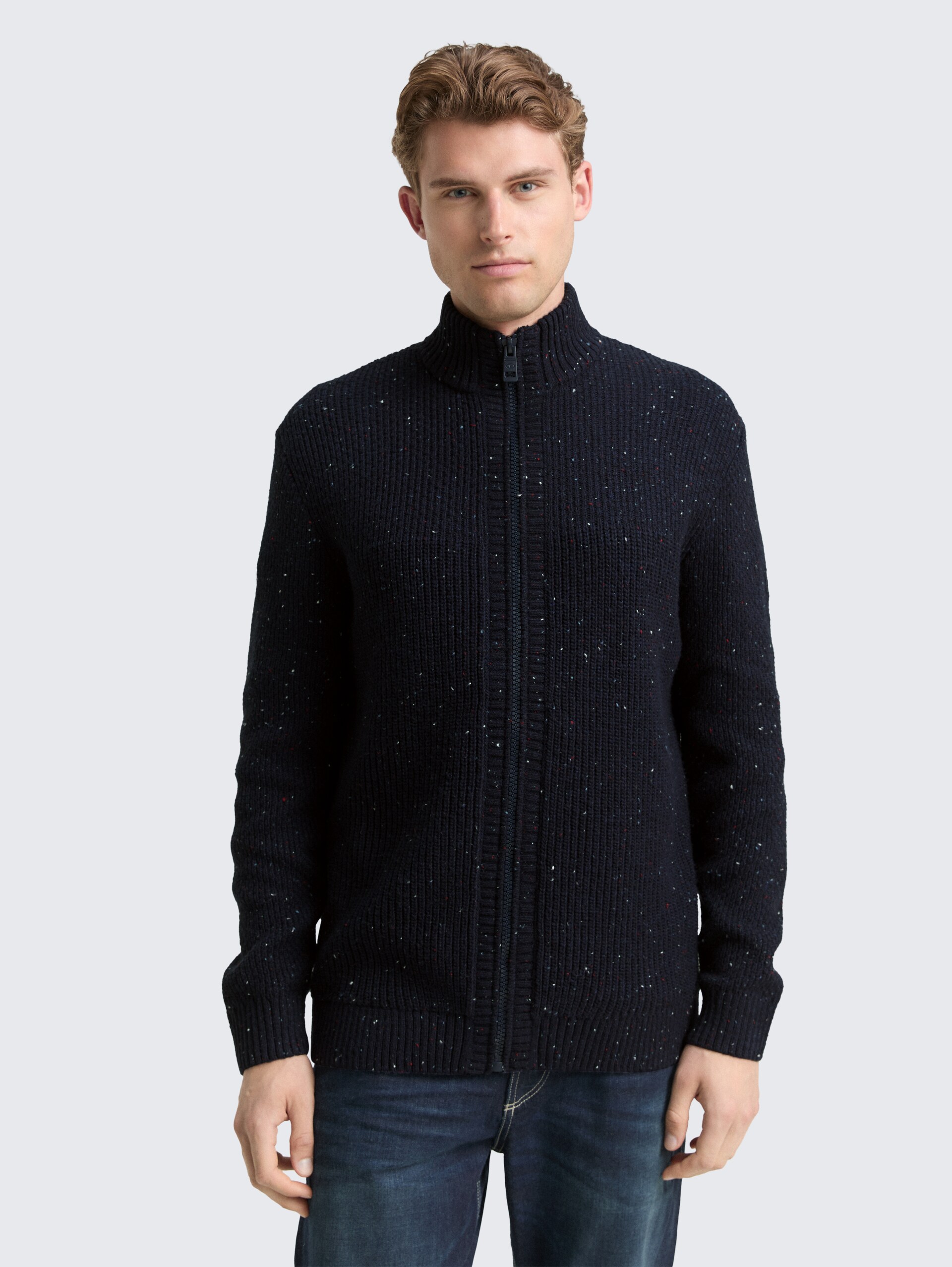 Strickjacke mit Strukturmix - navy melange multi neps - Ausschnitt Model-Vorderansicht