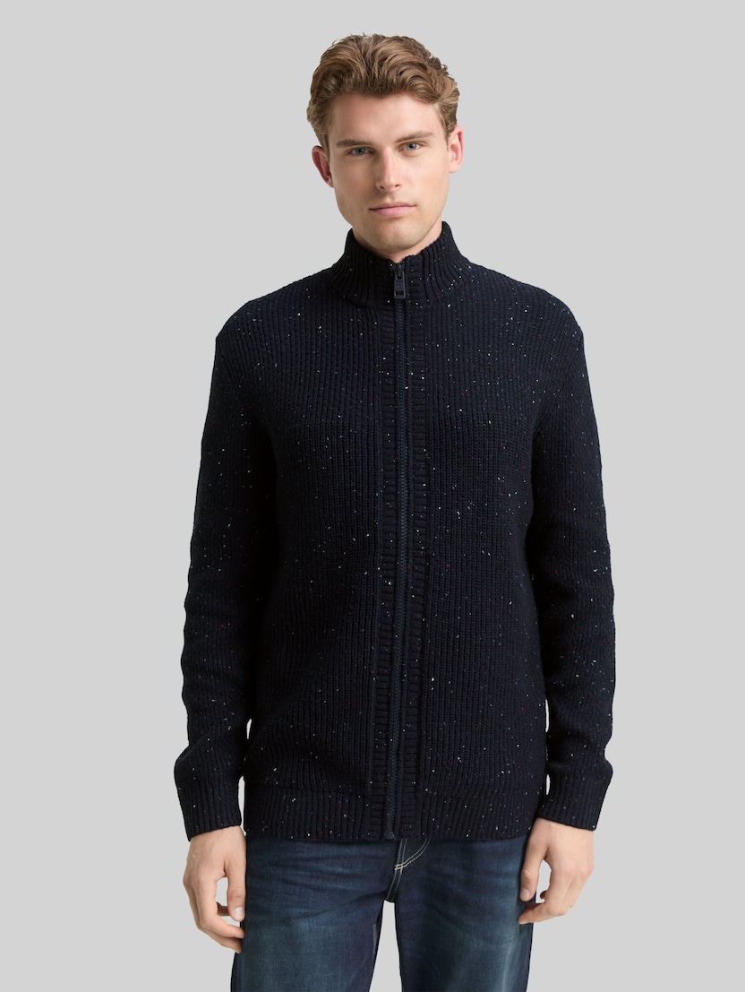 Strickjacke mit Strukturmix von Men, navy melange multi neps