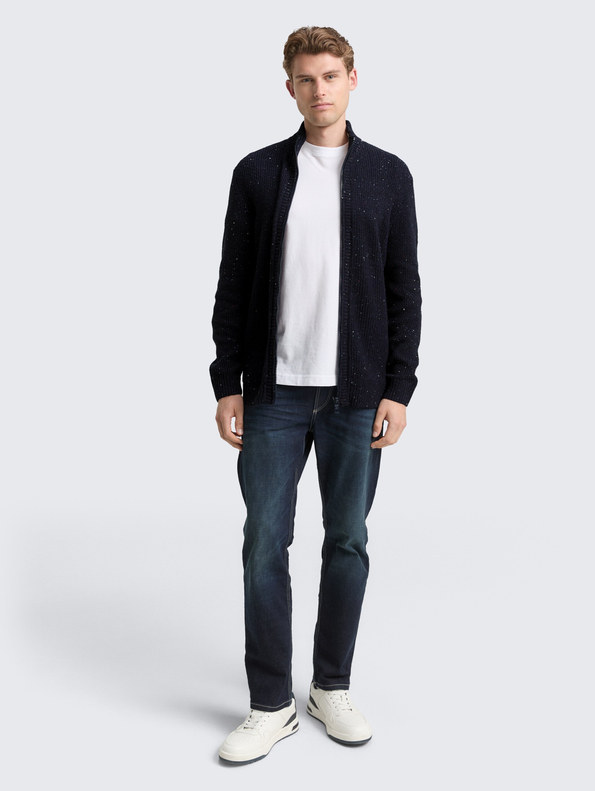 Strickjacke mit Strukturmix - navy melange multi neps - Model-Vorderansicht