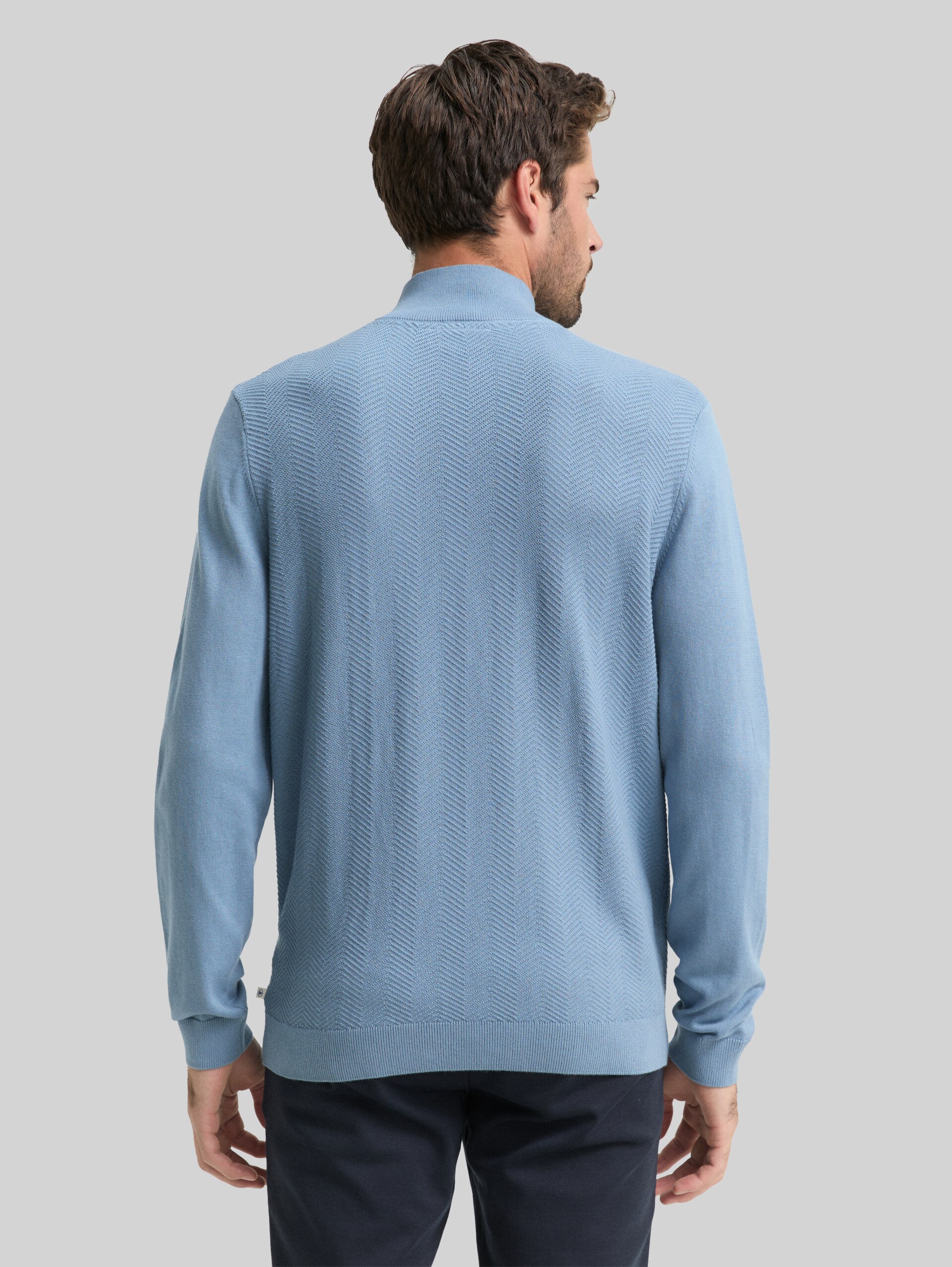 Troyer knit jumper with herringbone texture - faded denim blue