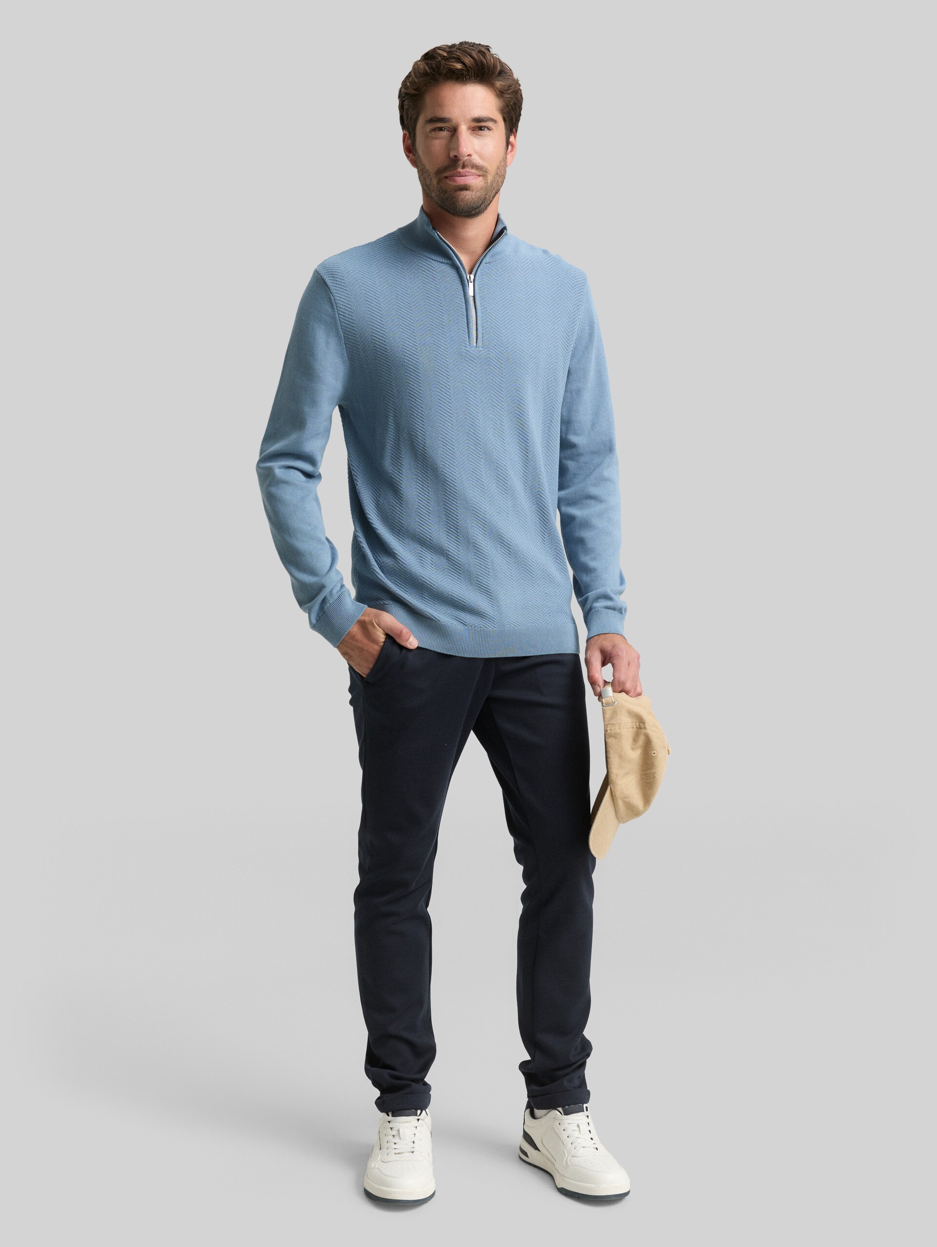 Troyer knit jumper with herringbone texture - faded denim blue - Model front view