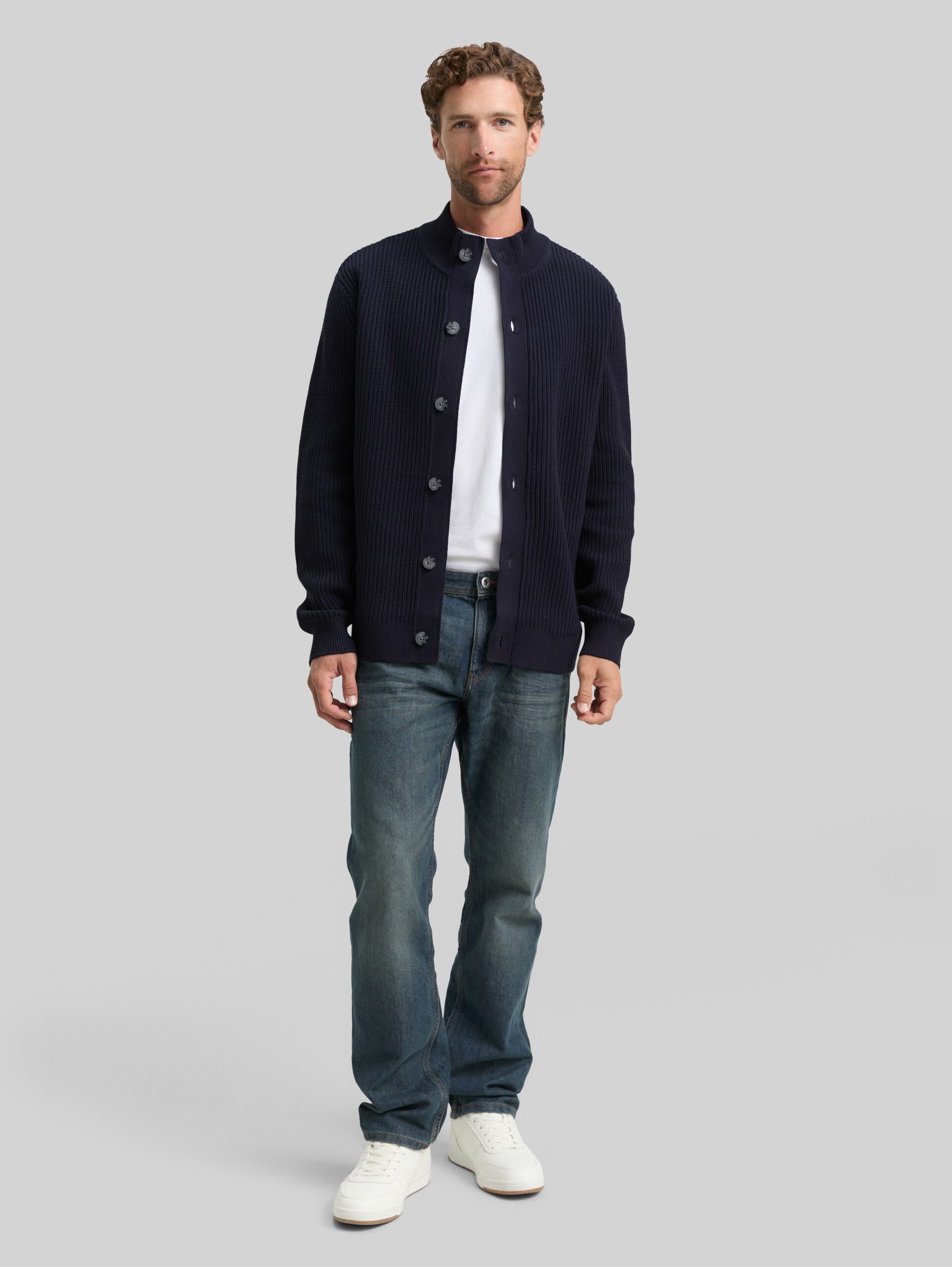 Cardigan with button placket - sky captain blue - Model front view