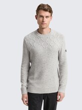 Knitted jumper with mixed textures - grey melange multi neps - Neckline model front view