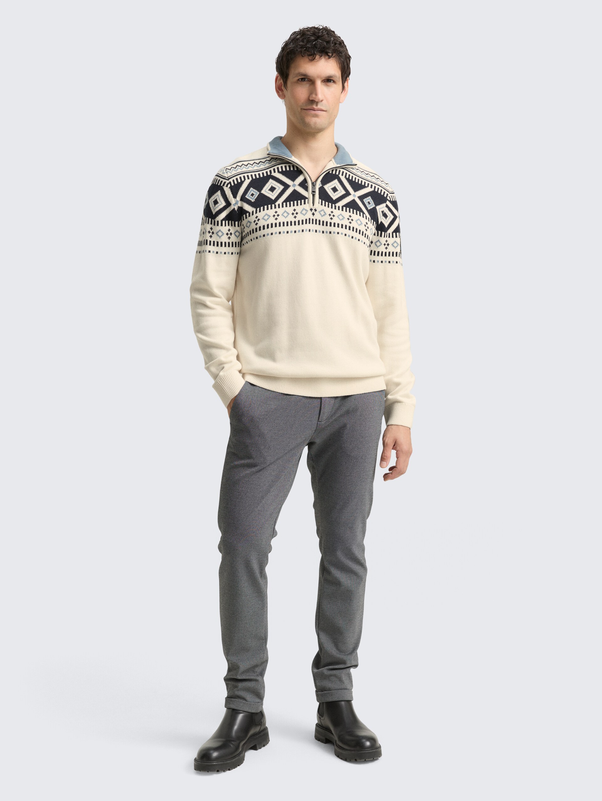 Fair-Isle Troyer Strickpullover - offwhite fair isle design - Model-Vorderansicht