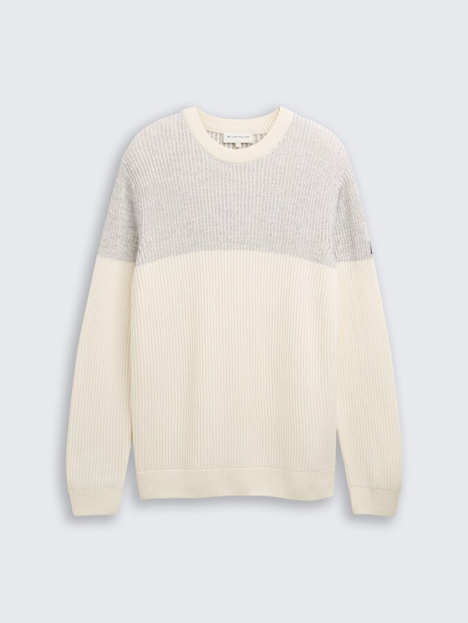 Strickpullover mit Rundhalsausschnitt von Men, offwhite grey plated mouline