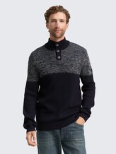 Troyer Strickpullover mit Knopfleiste - offwhite navy plated mouline - Ausschnitt Model-Vorderansicht
