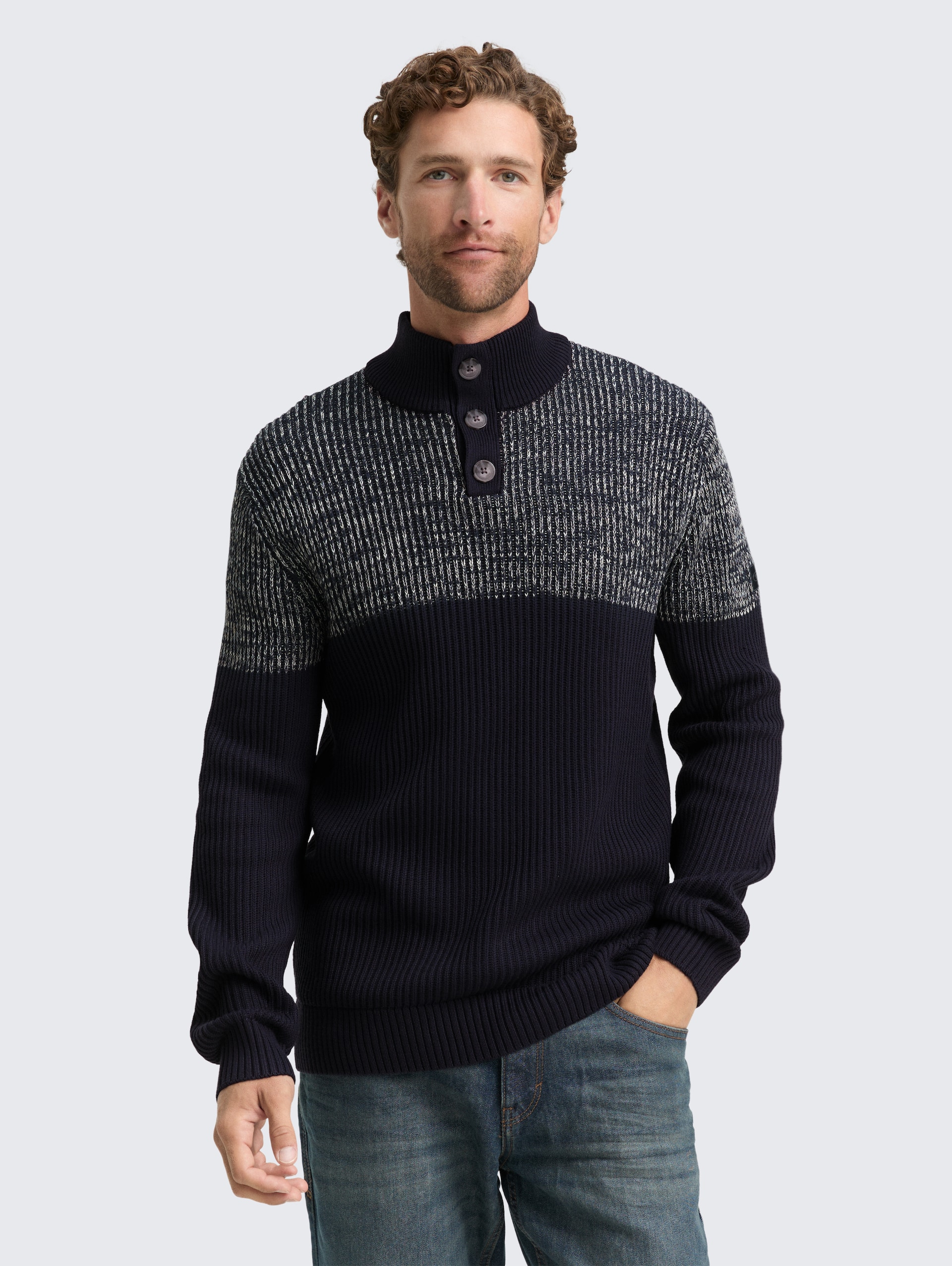 Troyer gebreide trui met knoopsluiting - offwhite navy plated mouline - Nek model vooraanzicht