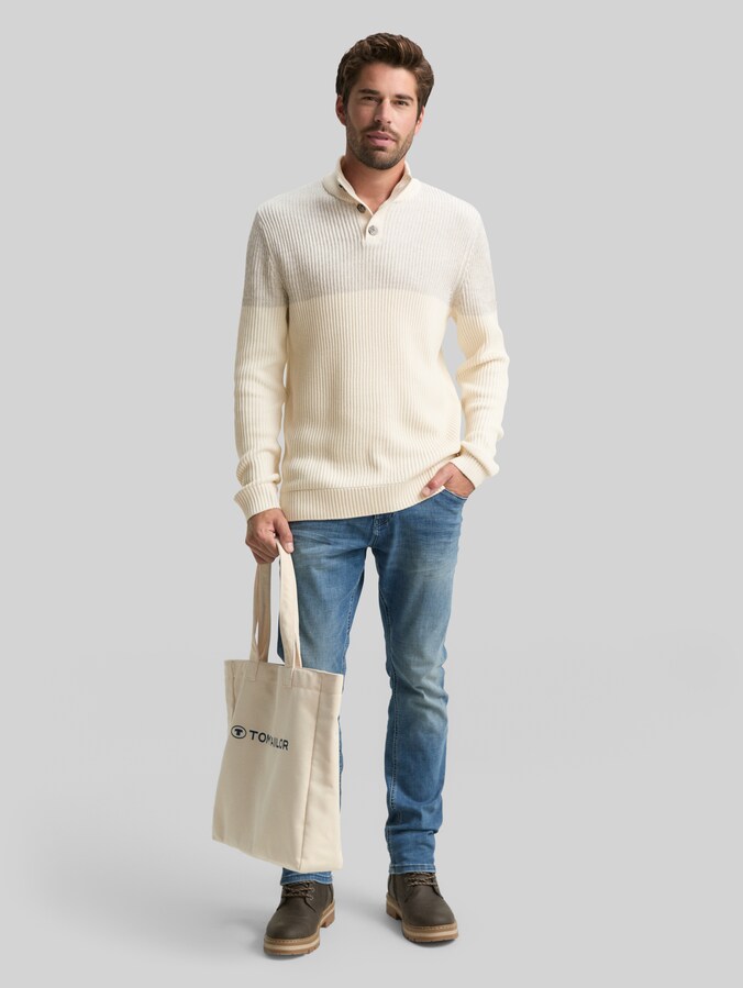 Pull-over Troyer avec patte de boutonnage par Men, offwhite grey plated mouline
