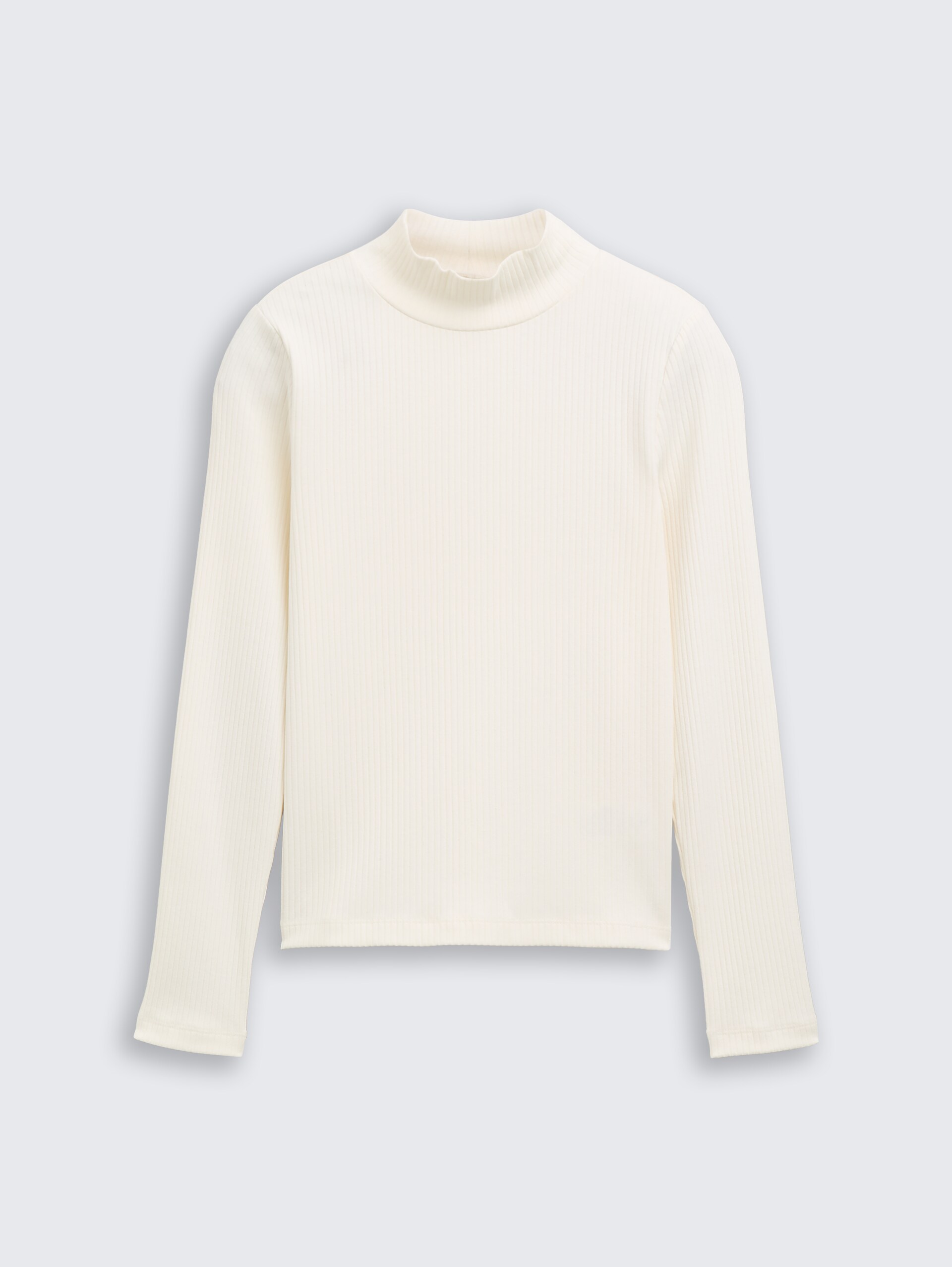 Ripp Langarmshirt mit Stehkragen - Wool White - Vorder-Produkt-Ansicht