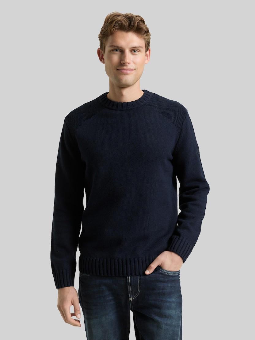 Strickpullover mit Ripp-Details von Men, Knitted Navy Melange