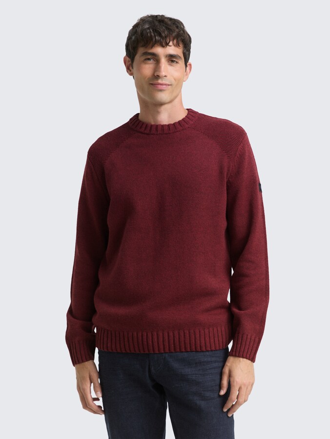 Knitted jumper with ribbed details by Men, bordeaux melange