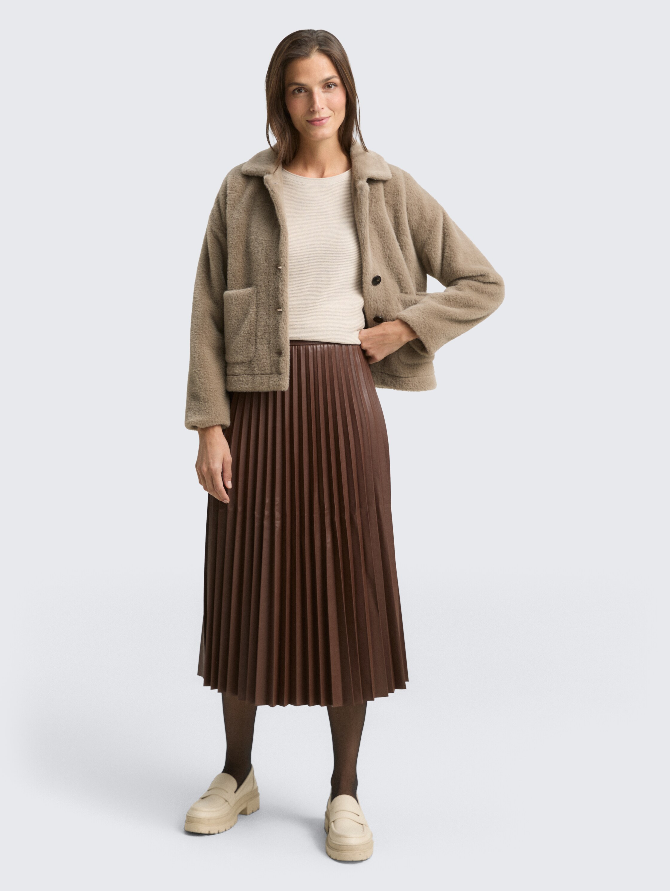 Plissee Midi-Rock in Lederoptik - dark_pecan_brown - 