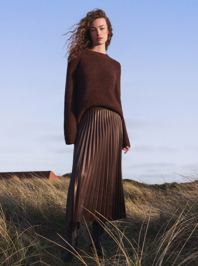 Plissé midi-rok in leerlook door Women, dark pecan brown