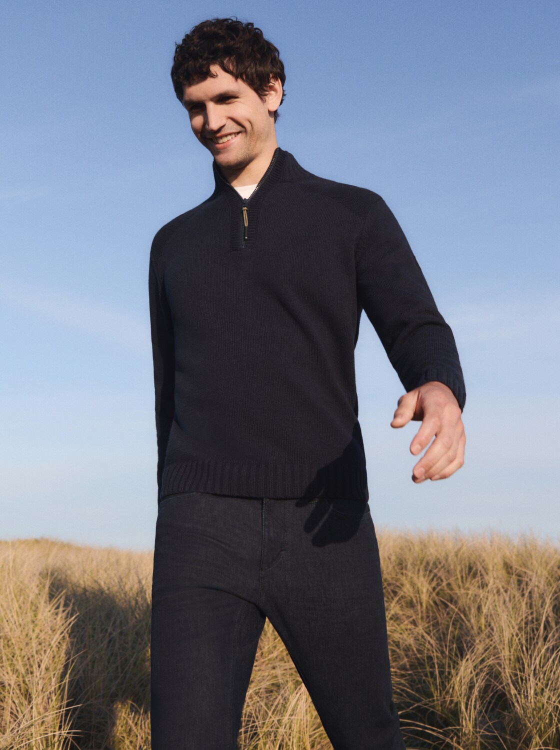 Troyer Strickpullover mit Ripp-Details - Knitted Navy Melange