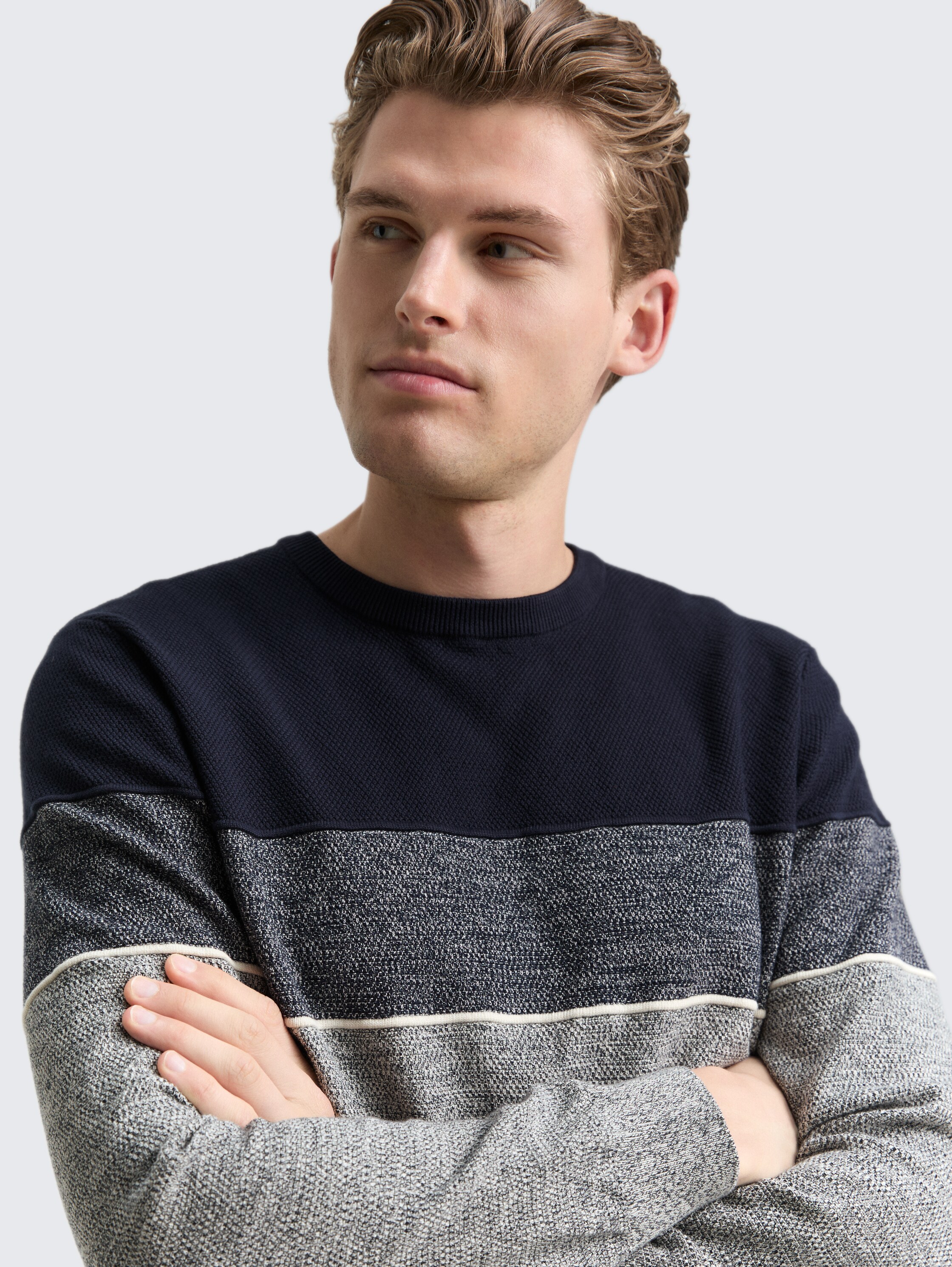 Strickpullover mit Colour Blocking - navy_offwhite_white_stripe - 