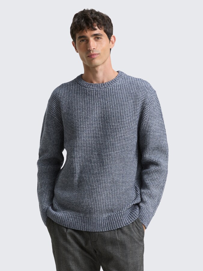 Knit sweater with wool content by Men, navy melange white core