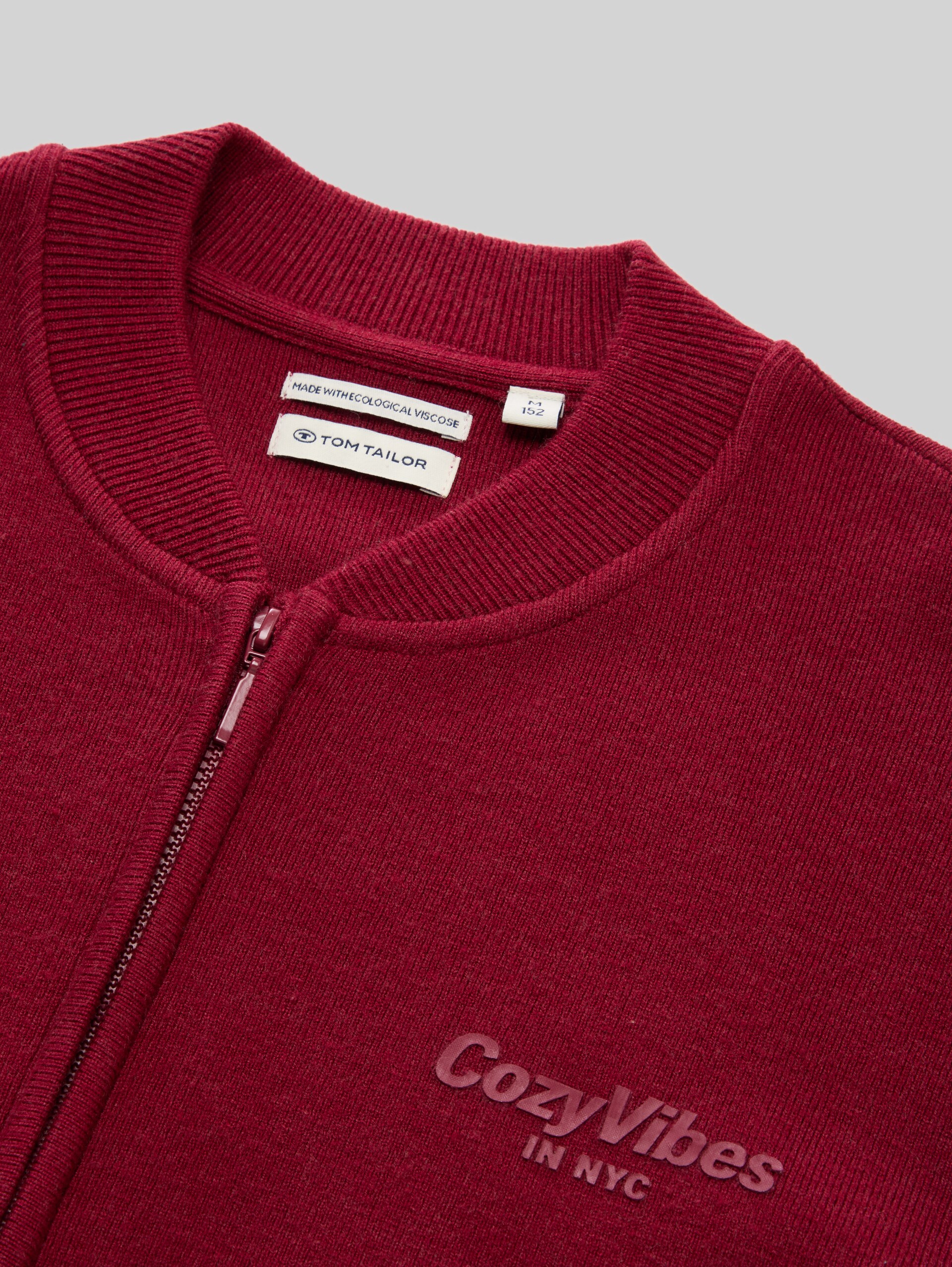 Bomber cardigan with zip - Beetroot Red - Detail model view
