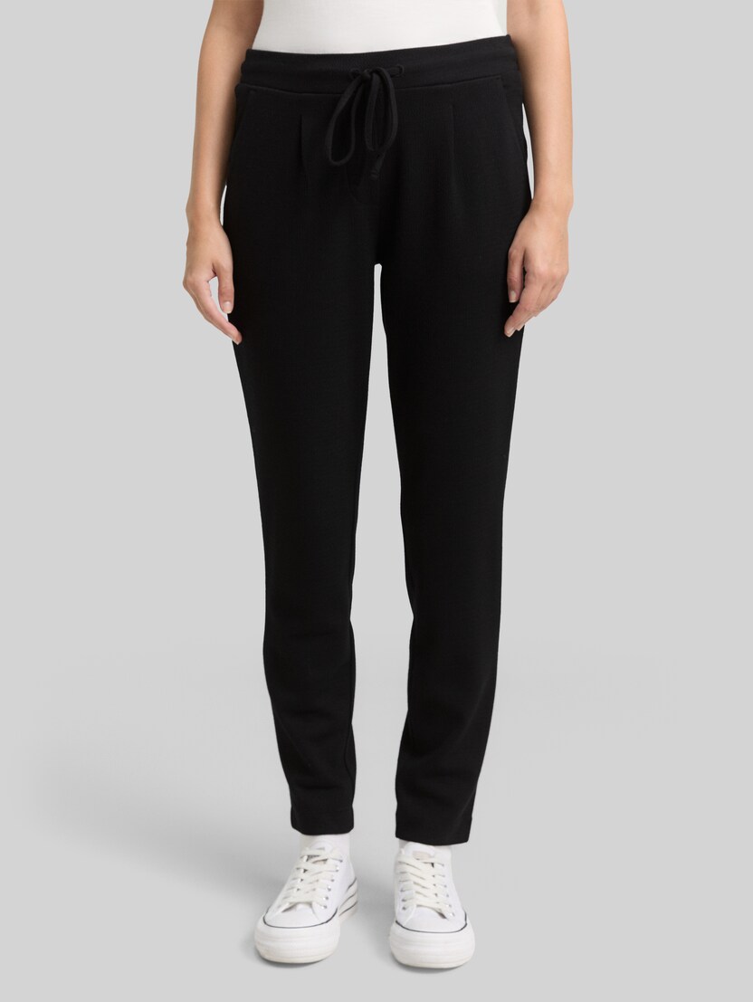 Loose slim jacquard trousers with drawstring by Women, deep black