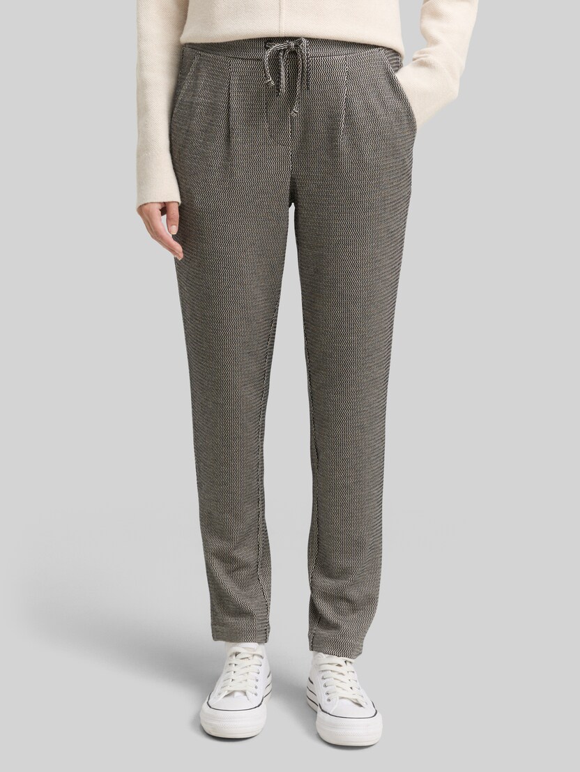 Loose slim jacquard trousers with drawstring by Women, black beige wave structure