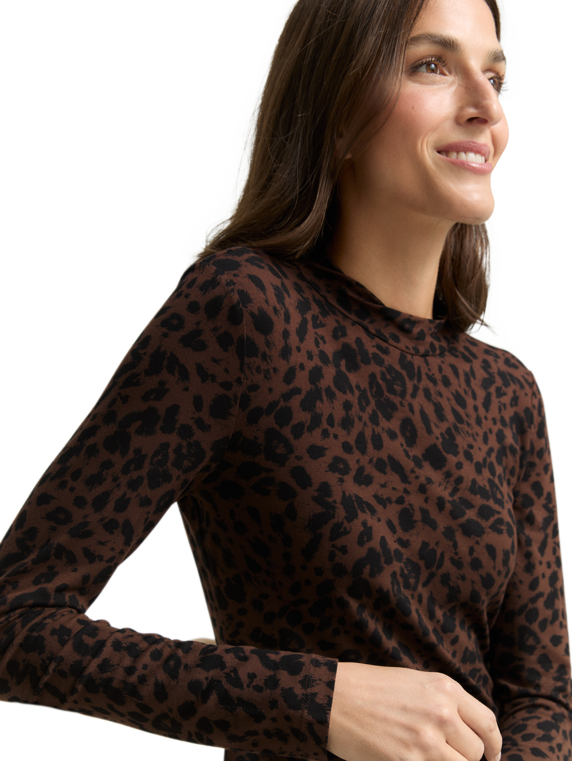 Slim Fit Langarmshirt mit Muster - brown black small leo print - Detail-Model-Ansicht