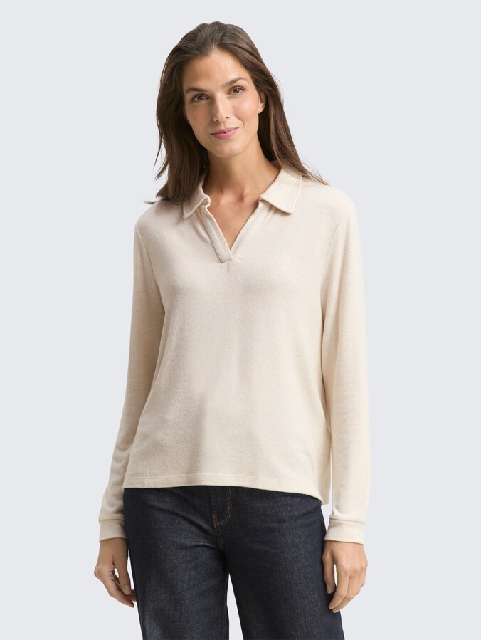 Cosy shirt met lange mouwen en polokraag door Women, sand stone beige melange