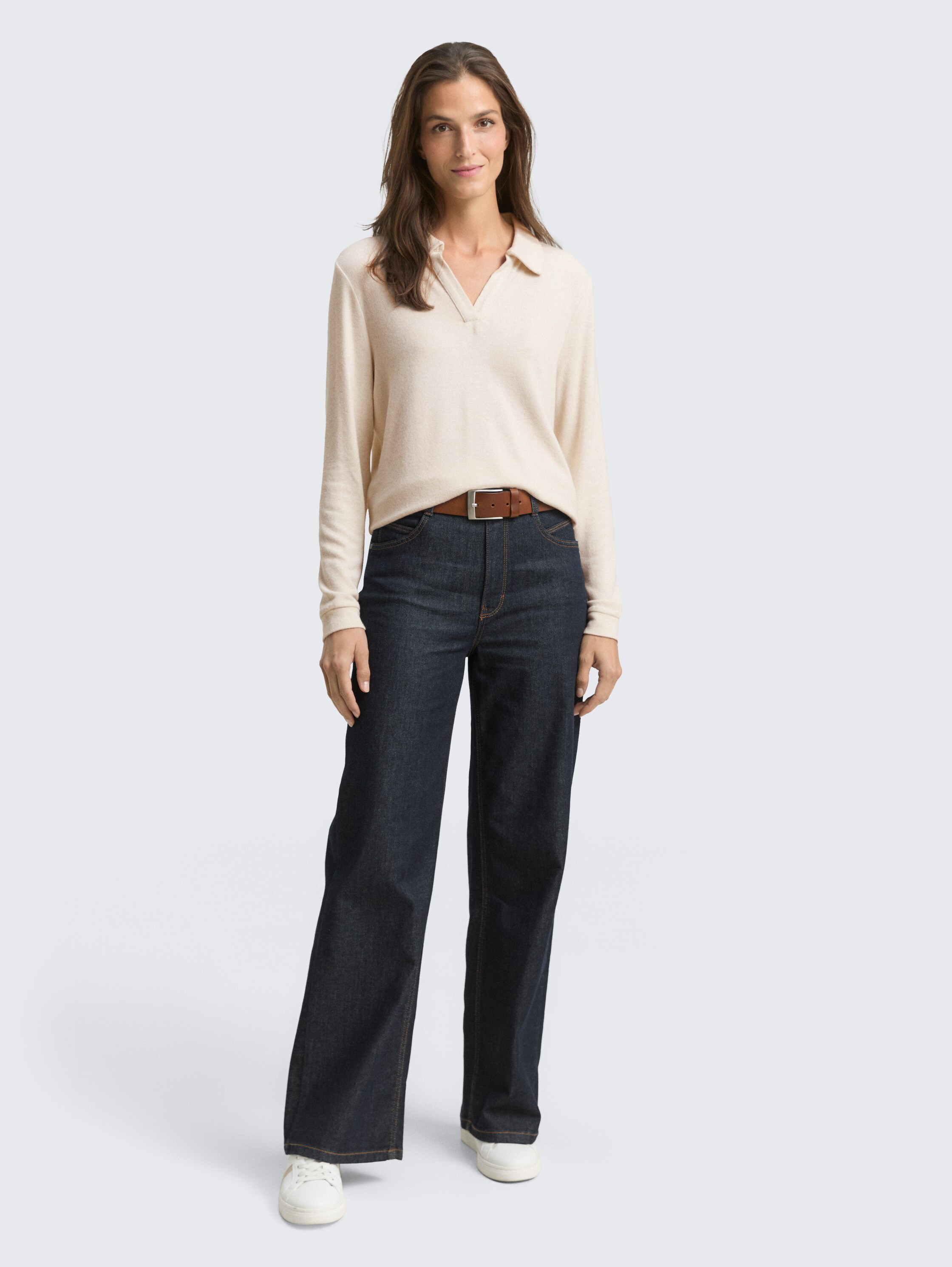 Cosy Langarmshirt mit Polokragen - sand_stone_beige_melange - 