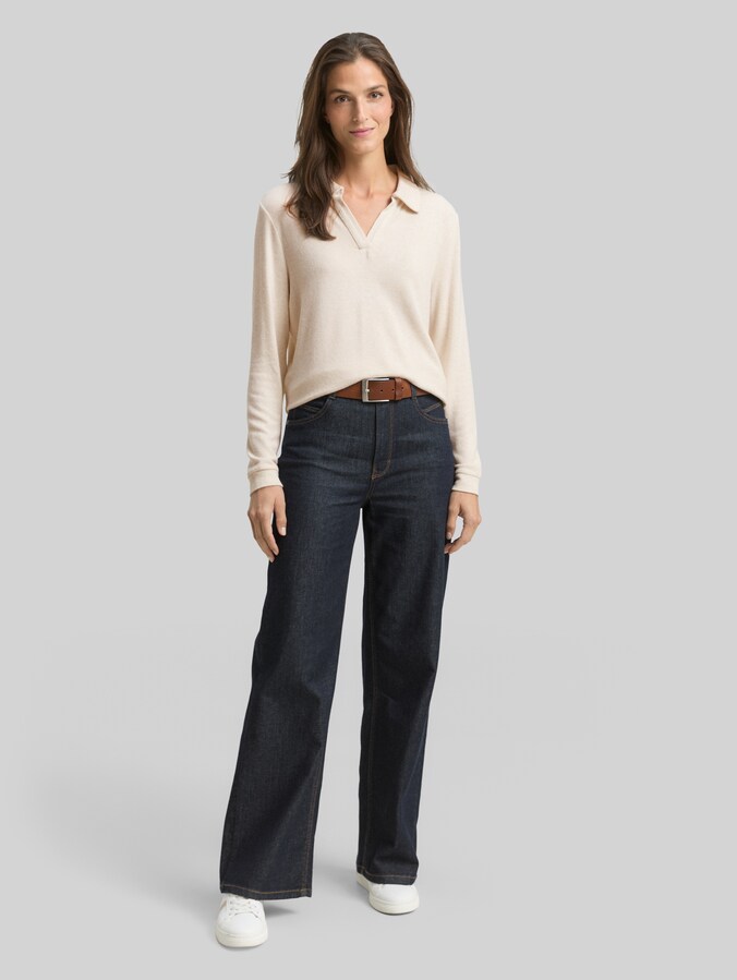 Cosy Langarmshirt mit Polokragen von Women, sand stone beige melange