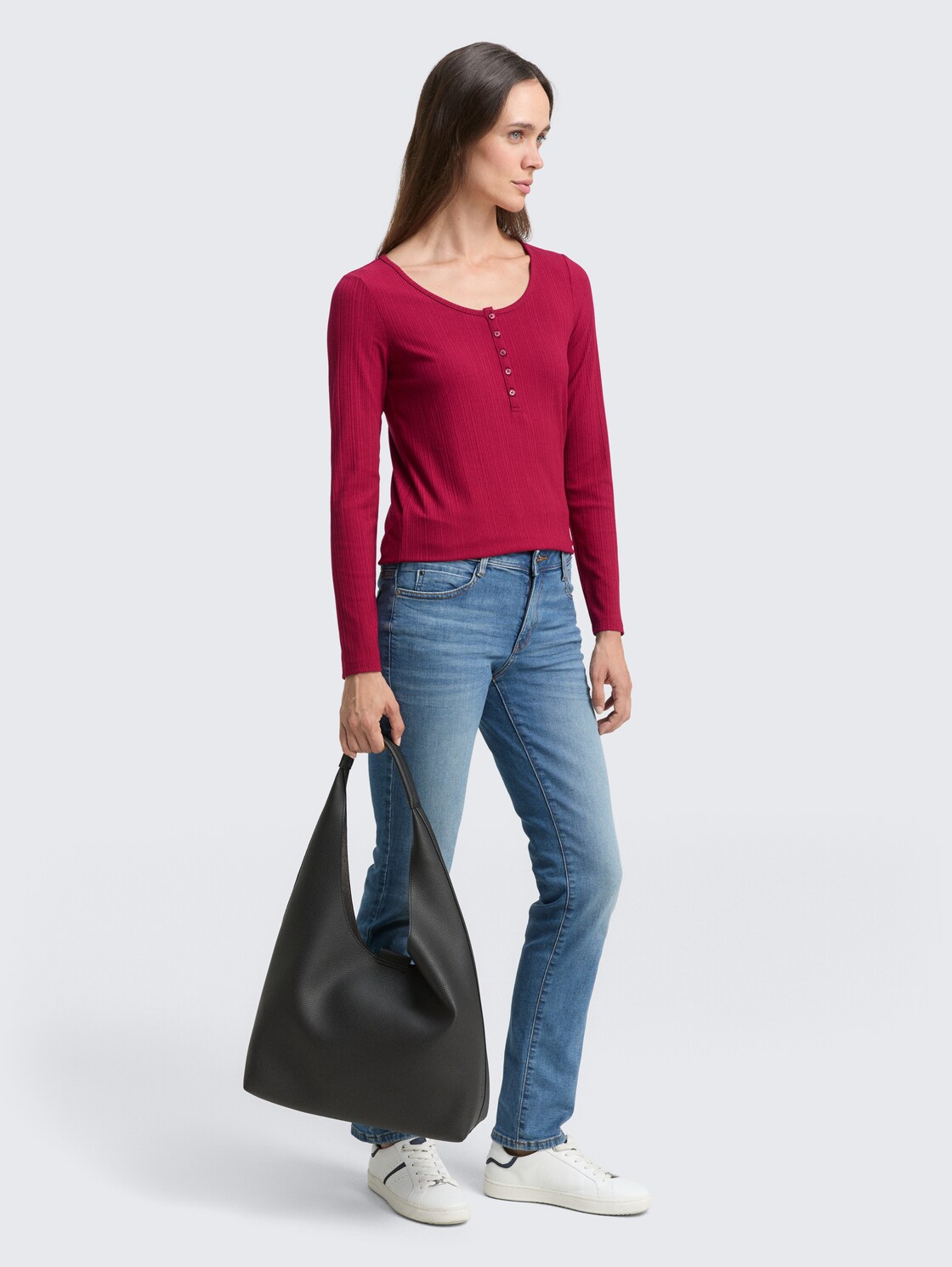 Slim Fit Henley Langarmshirt - Rumba Red - Model-Vorderansicht