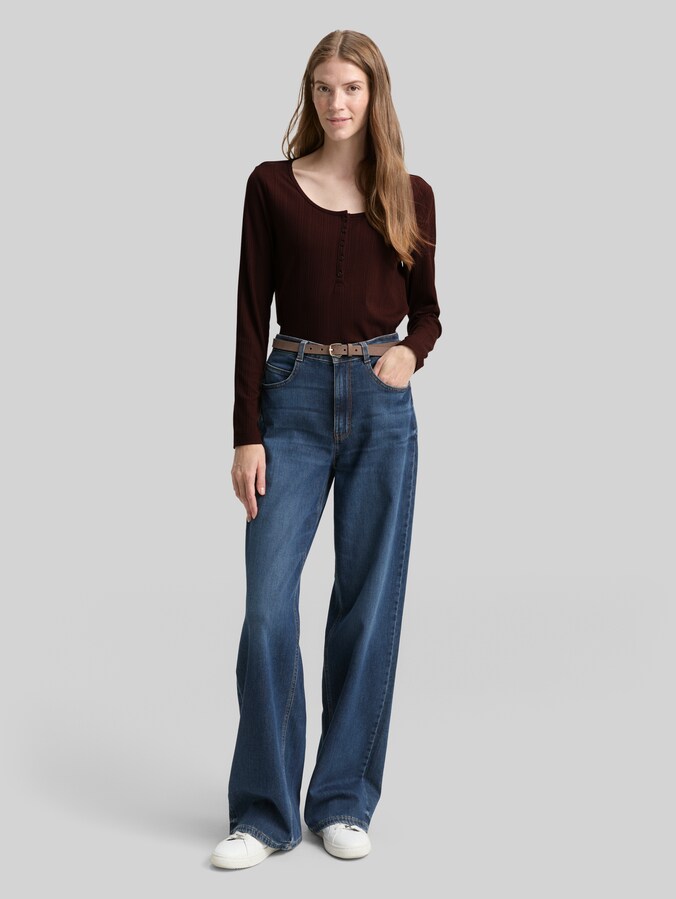 T-shirt à manches longues slim fit Henley par Women, dark pecan brown