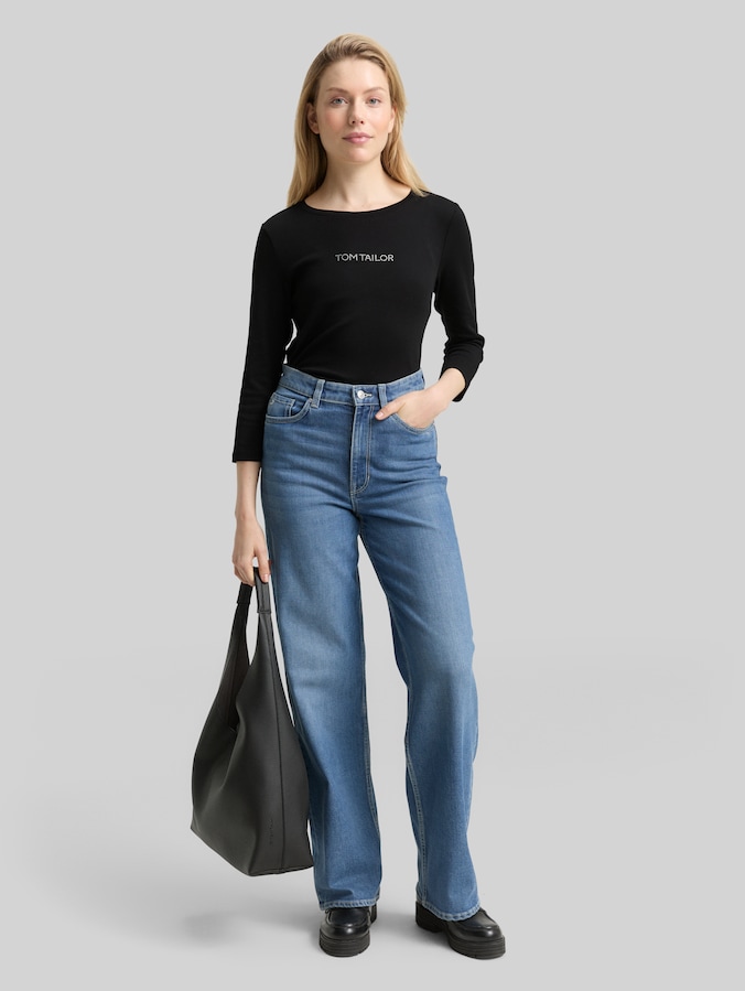 Slim fit shirt met lange mouwen en glitterlogo door Women, deep black