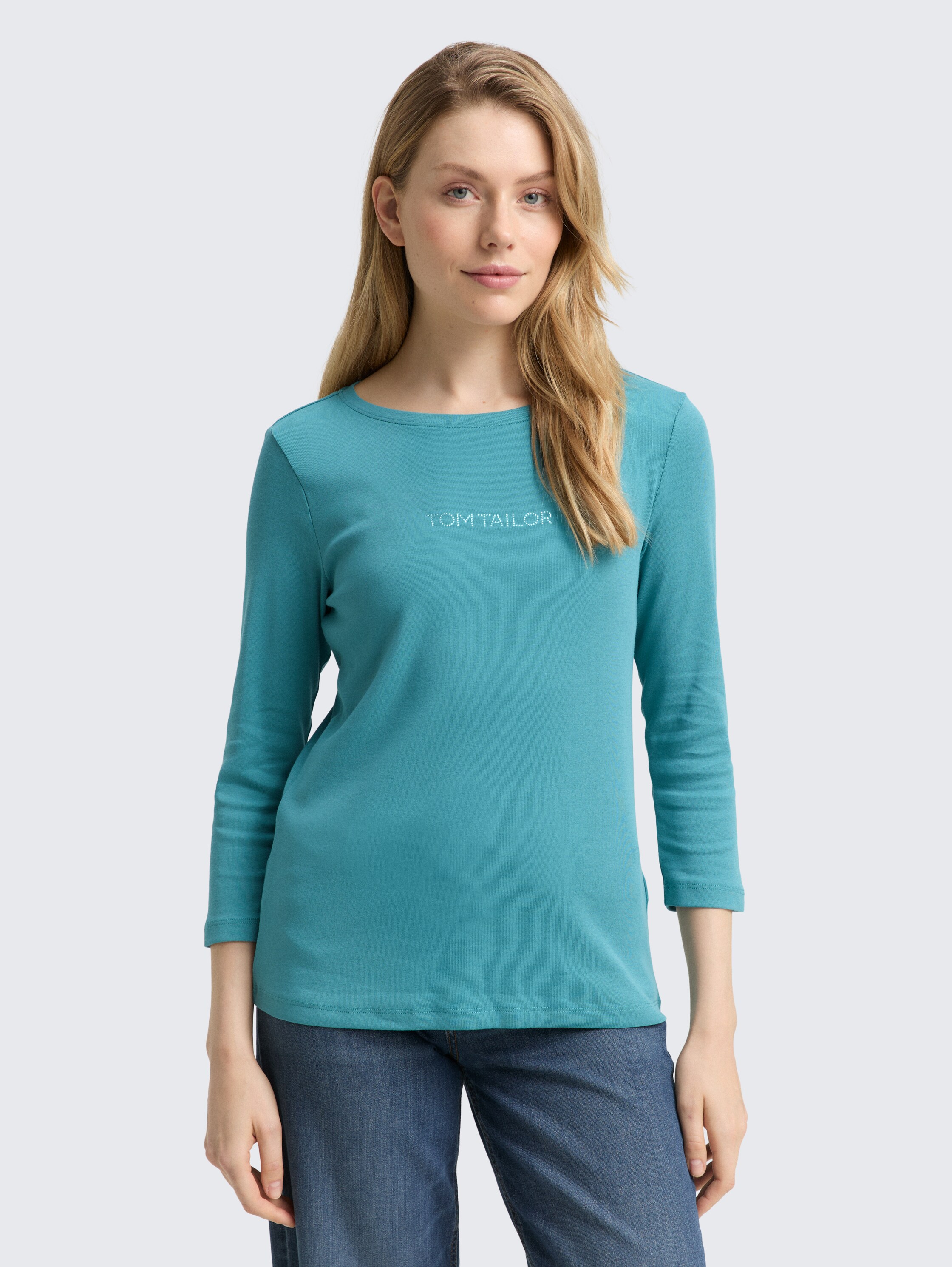 Slim Fit Langarmshirt mit Glitzer-Logo - tropical_teal - 