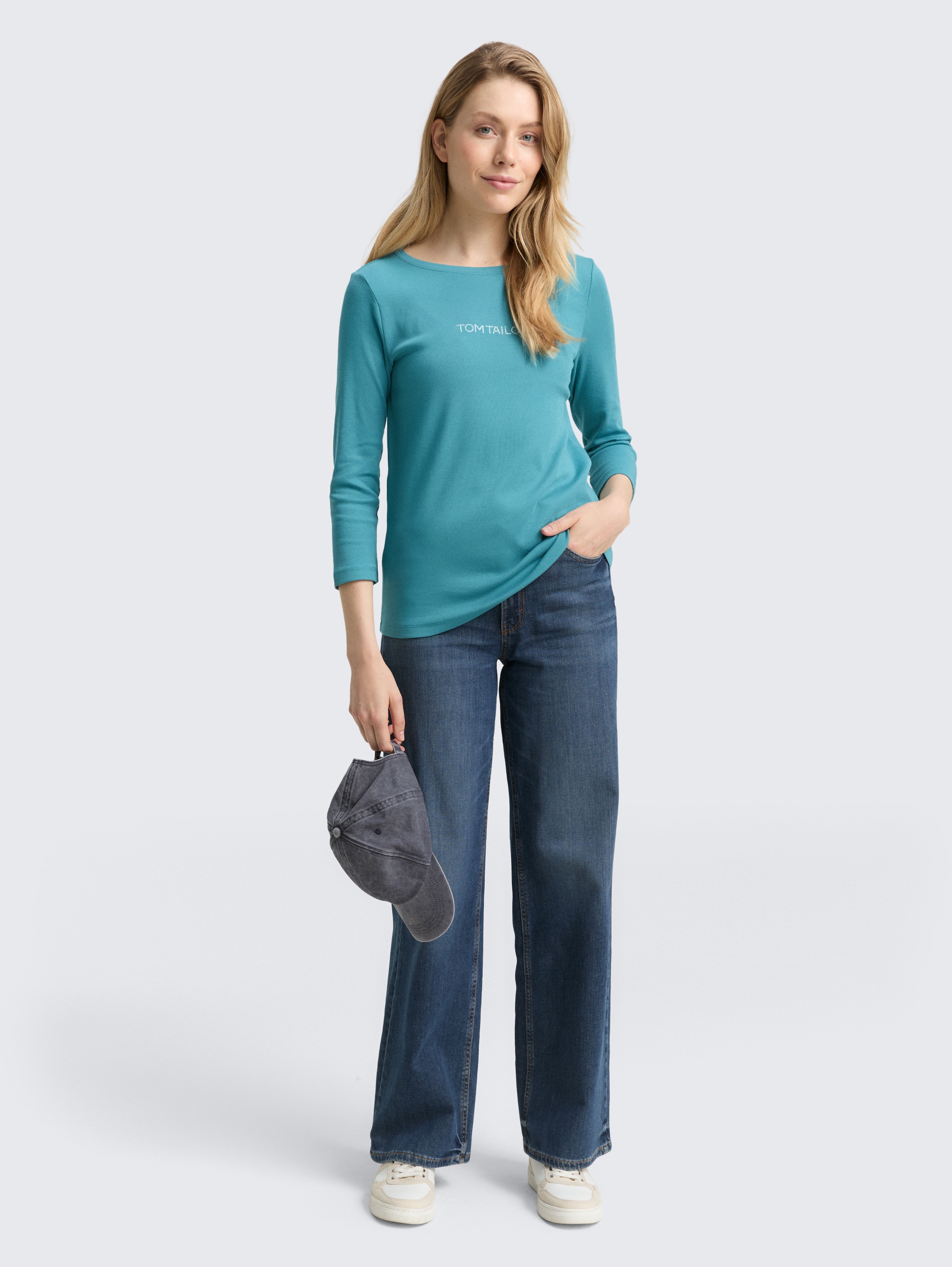 Slim Fit Langarmshirt mit Glitzer-Logo - tropical_teal - 