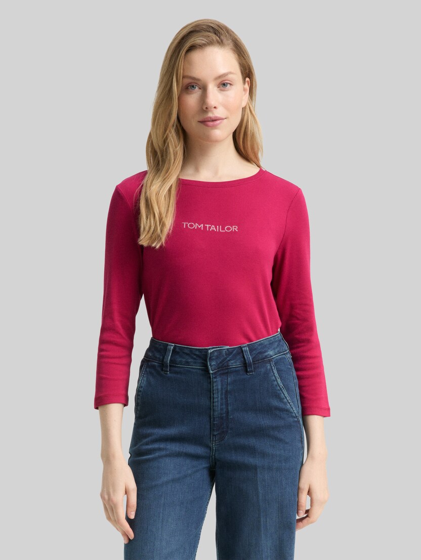 Slim Fit Langarmshirt mit Glitzer-Logo von Women, dark pink