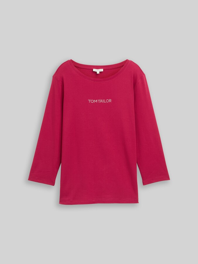 Slim fit shirt met lange mouwen en glitterlogo door Women, dark pink