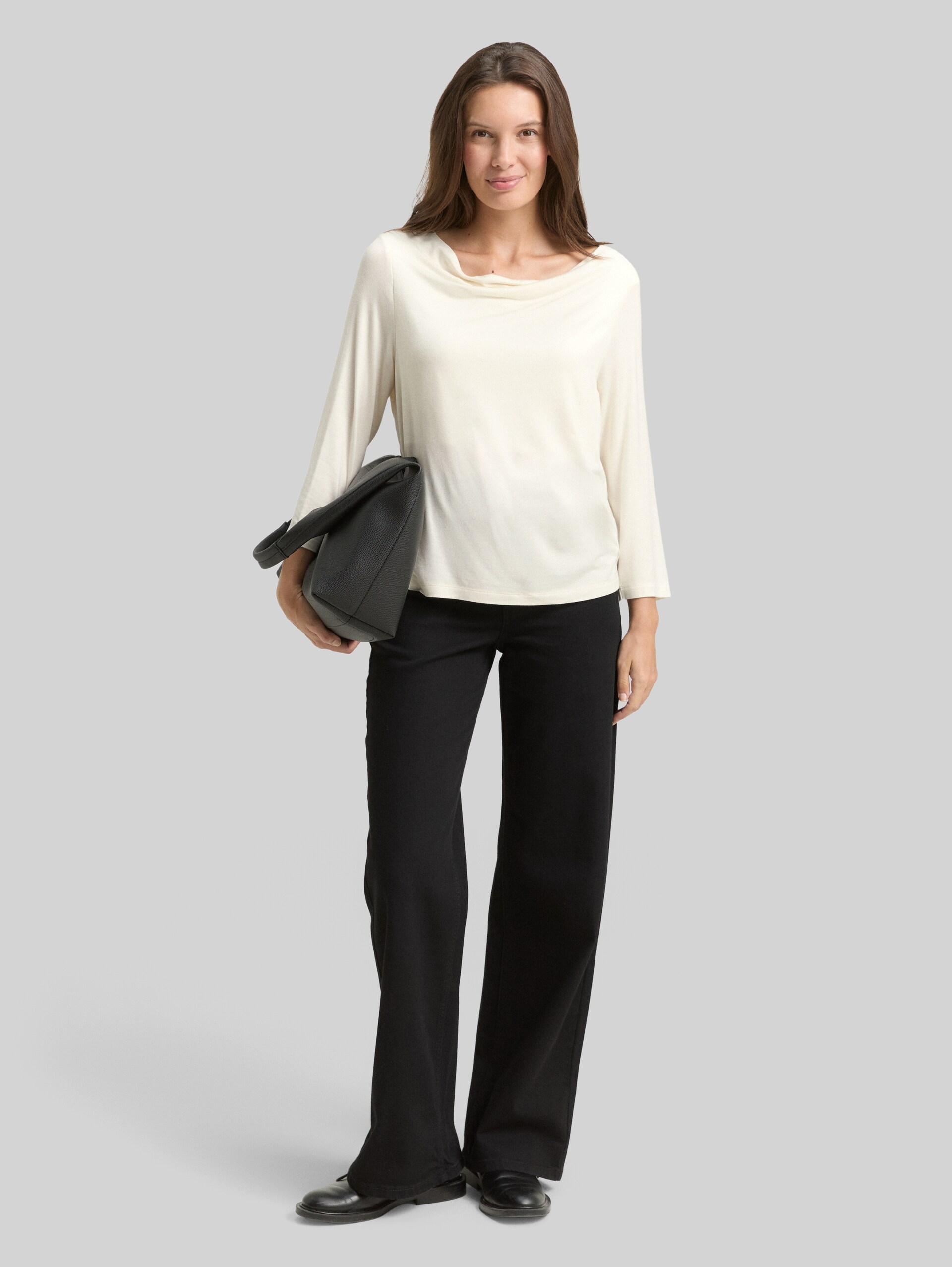 Long-sleeved shirt with cowl neck - Whisper White - Model front view