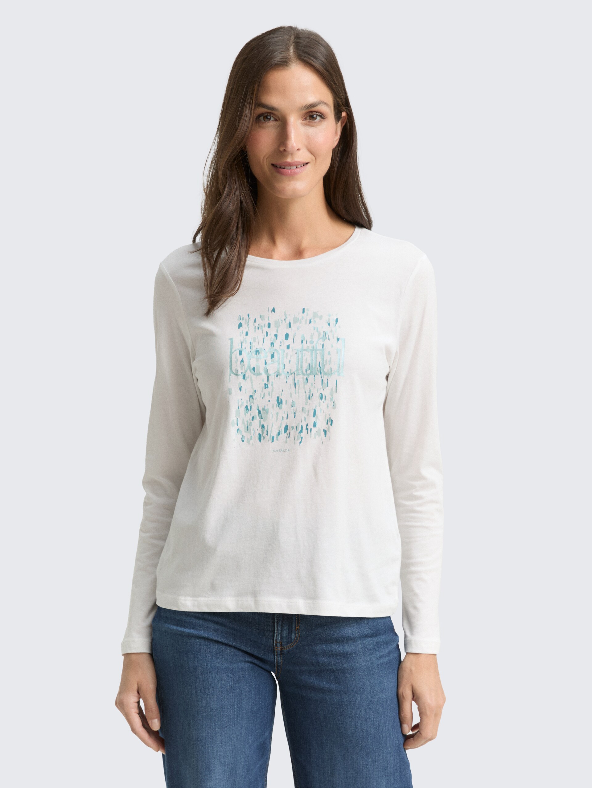 T-shirt met lange mouwen en bedrukt motief - Whisper White - Nek model vooraanzicht