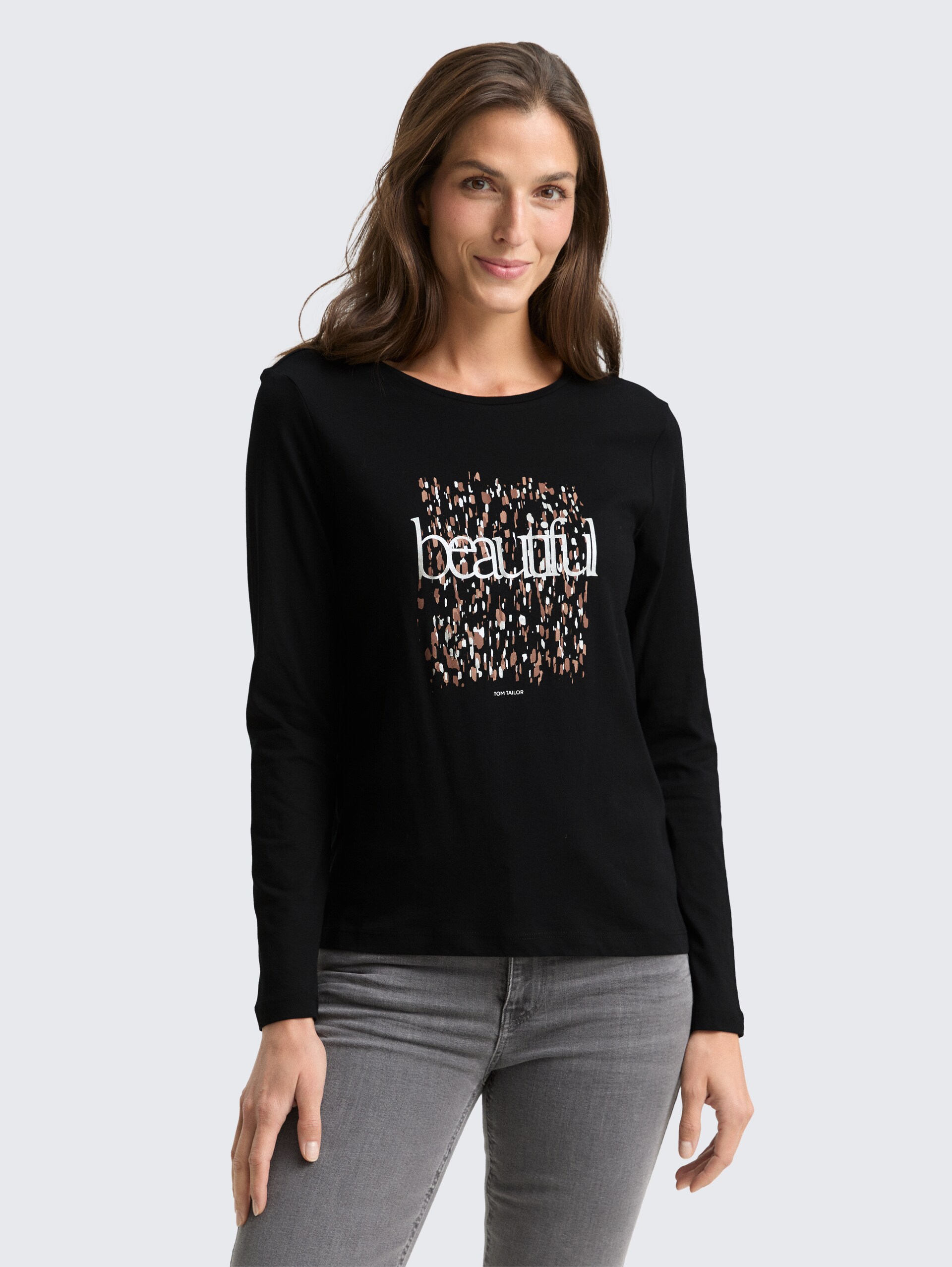 T-shirt met lange mouwen en bedrukt motief - deep black - Nek model vooraanzicht