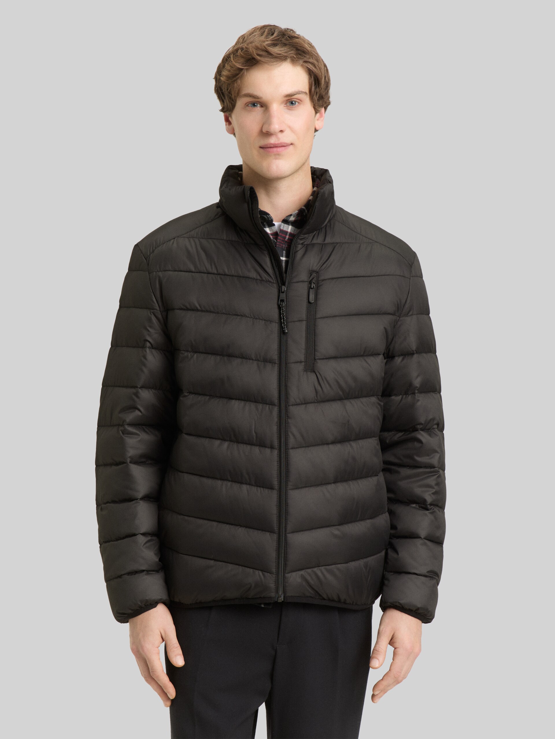 Lightweight quilted jacket with a stand-up collar - Black - Model front view