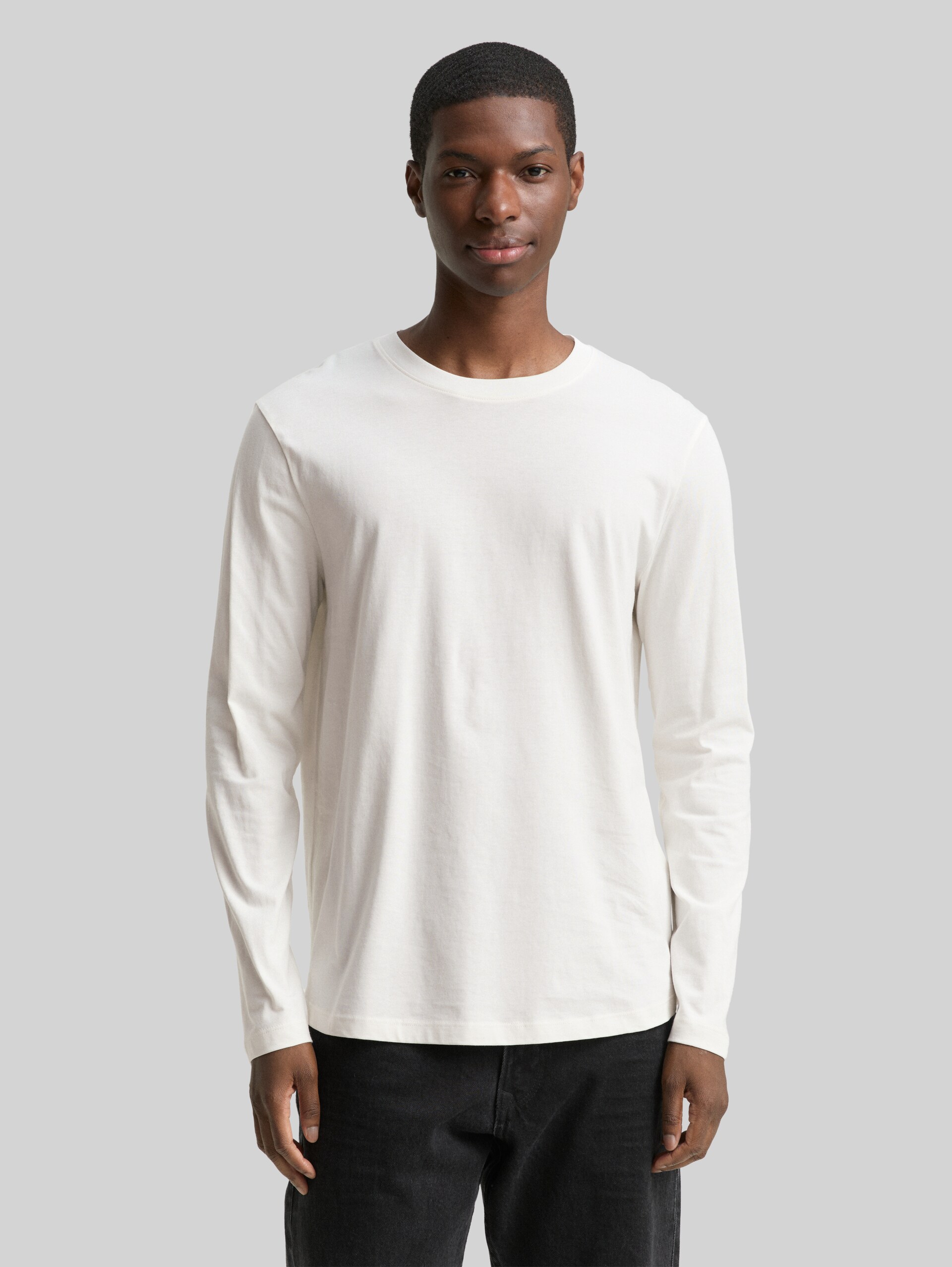Basic katoenen shirt met lange mouwen - Wool White - Nek model vooraanzicht