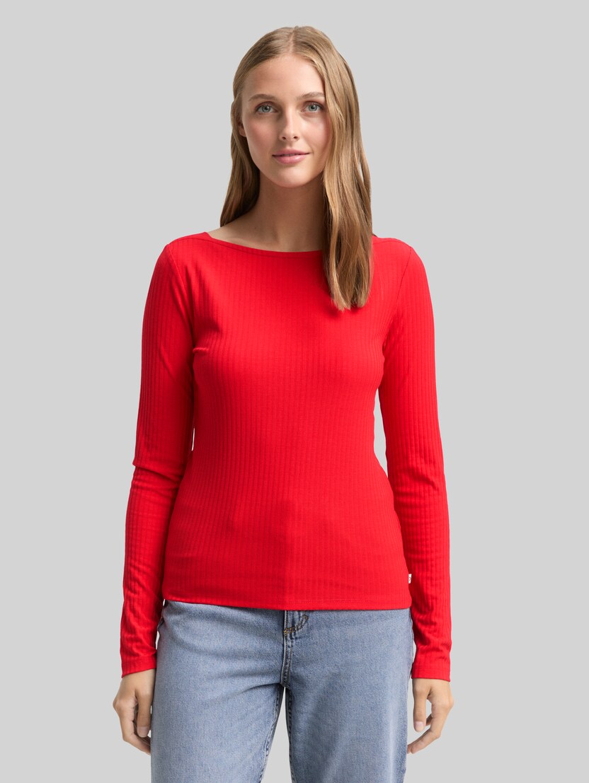 Slim Fit Langarmshirt mit U-Boot-Ausschnitt von Denim Female, brilliant red