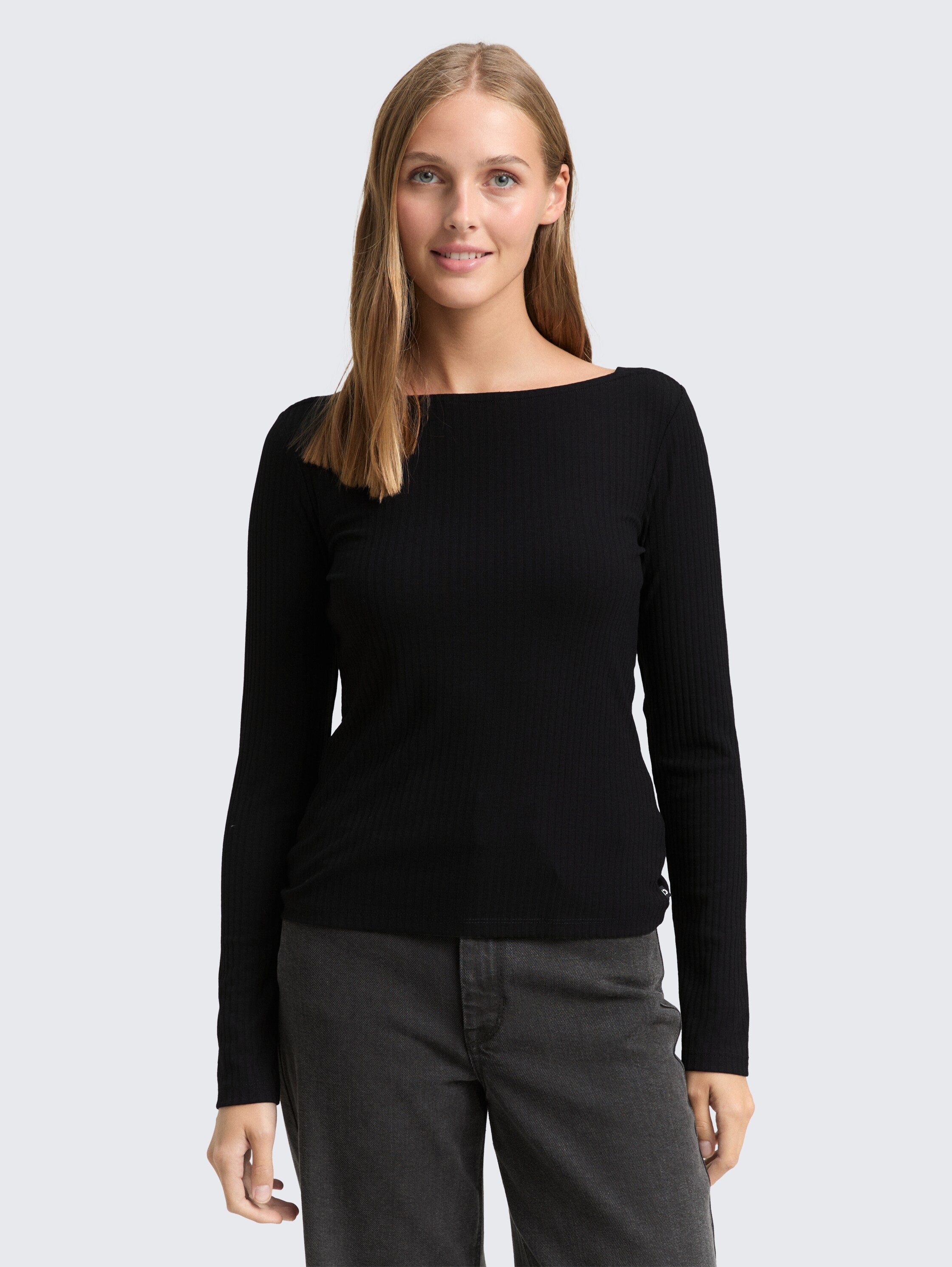 Slim fit shirt met lange mouwen en boothals - deep_black_1 - 
