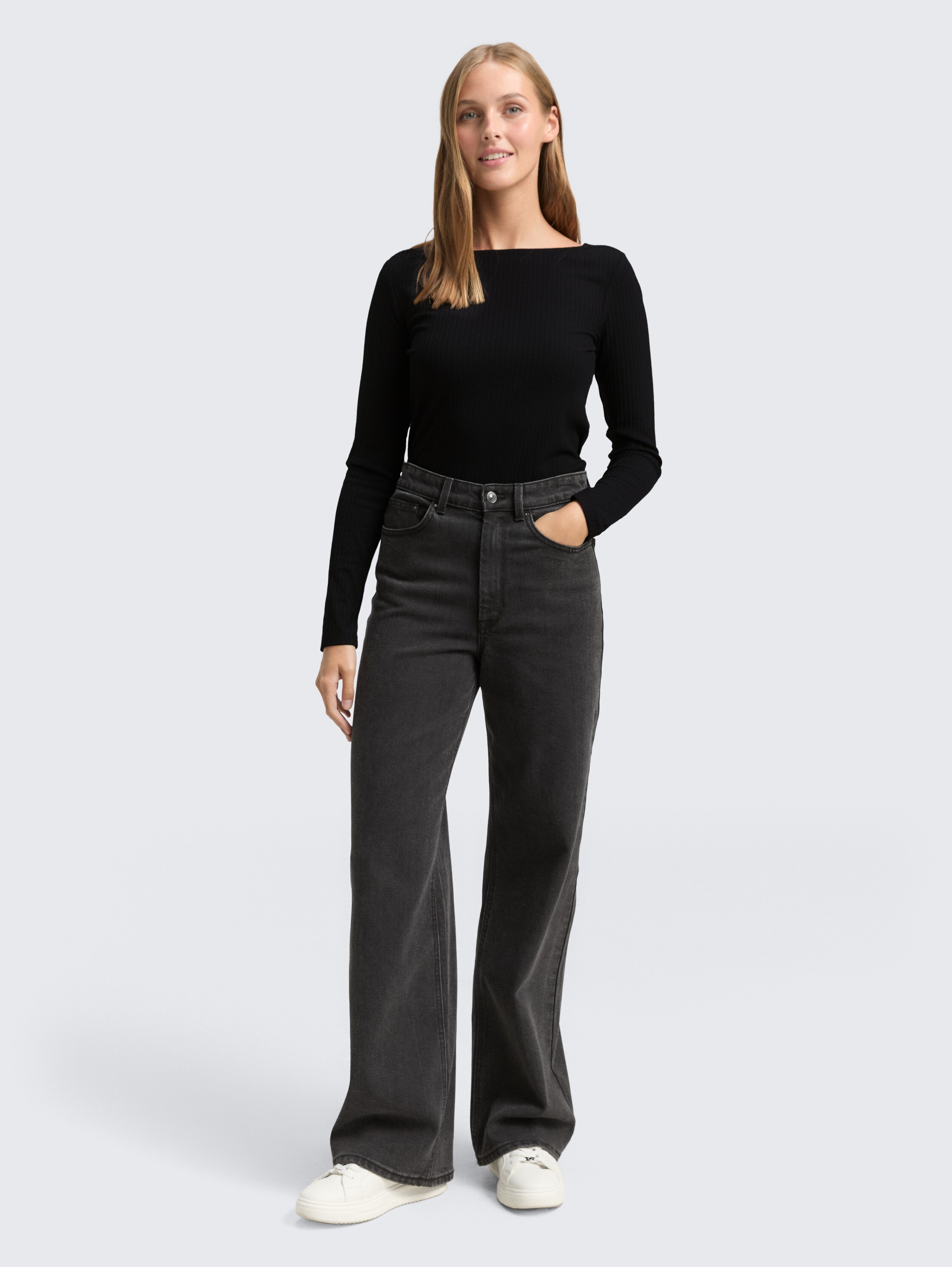 Slim fit shirt met lange mouwen en boothals - deep_black_1 - 